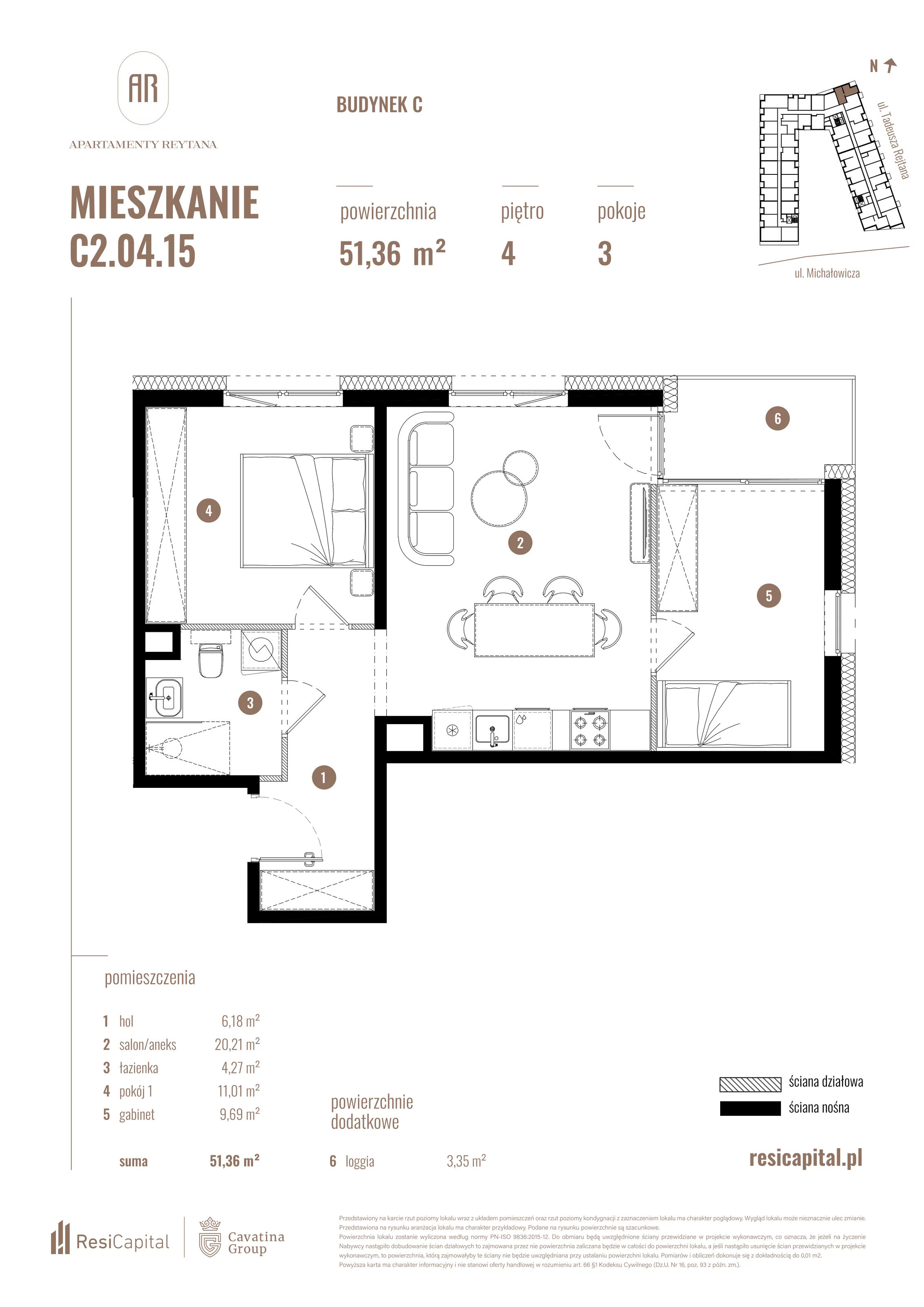 3 pokoje, mieszkanie 51,36 m², piętro 4, oferta nr C2.04.15, Apartamenty Reytana, Bielsko-Biała, ul. Rejtana 3