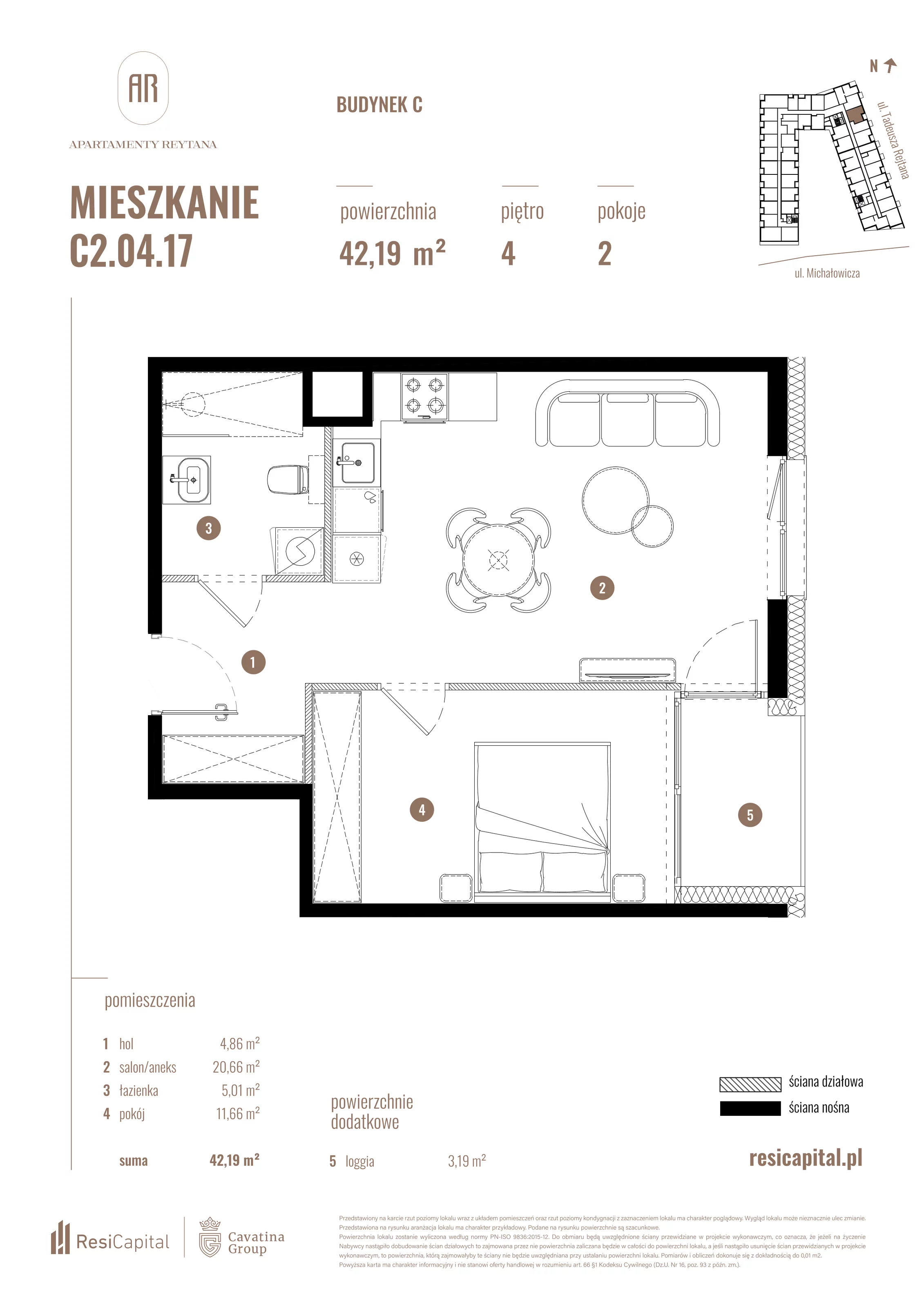 2 pokoje, mieszkanie 42,19 m², piętro 4, oferta nr C2.04.17, Apartamenty Reytana, Bielsko-Biała, ul. Rejtana 3