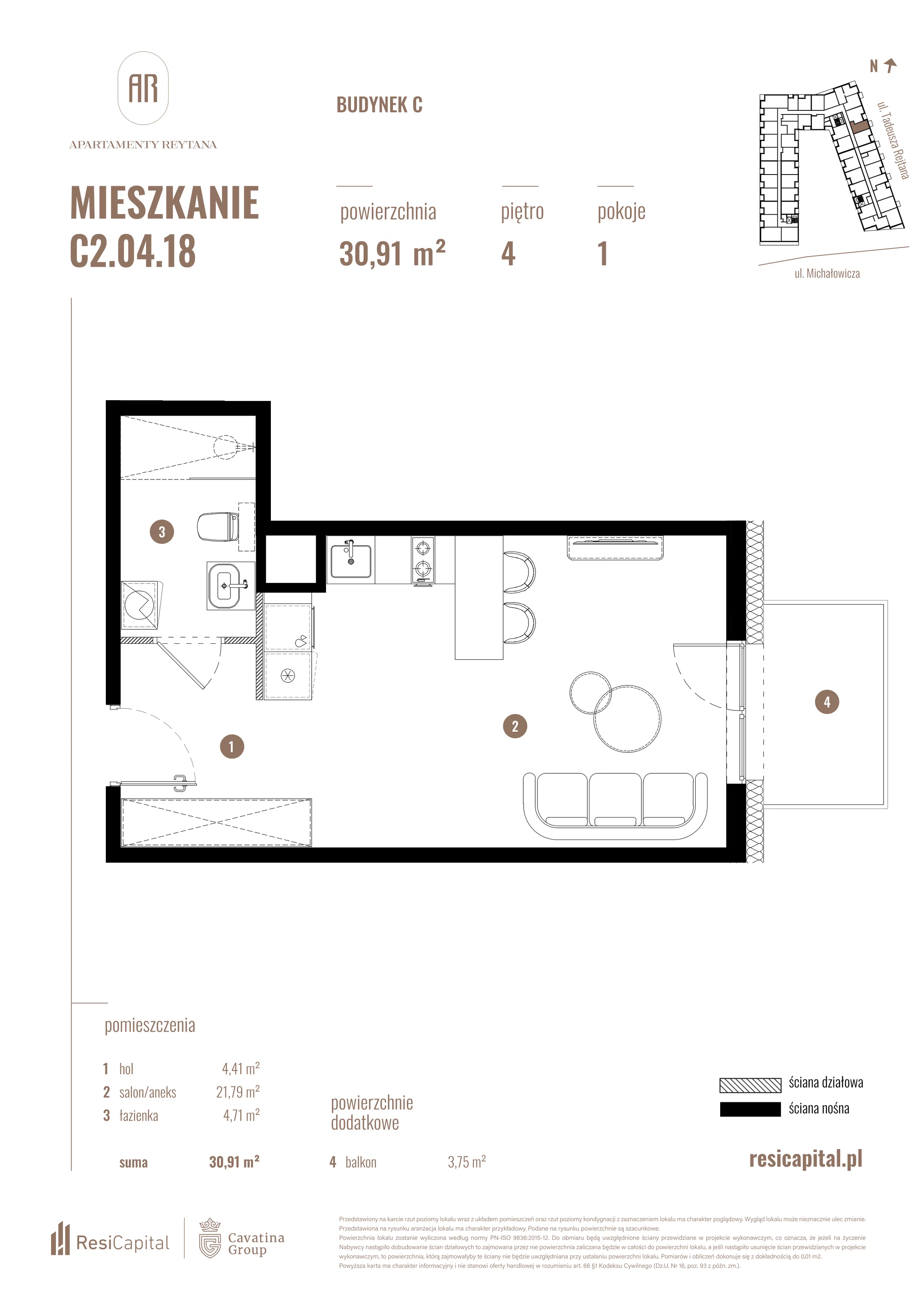 Mieszkanie 30,91 m², piętro 4, oferta nr C2.04.18, Apartamenty Reytana, Bielsko-Biała, ul. Rejtana 3