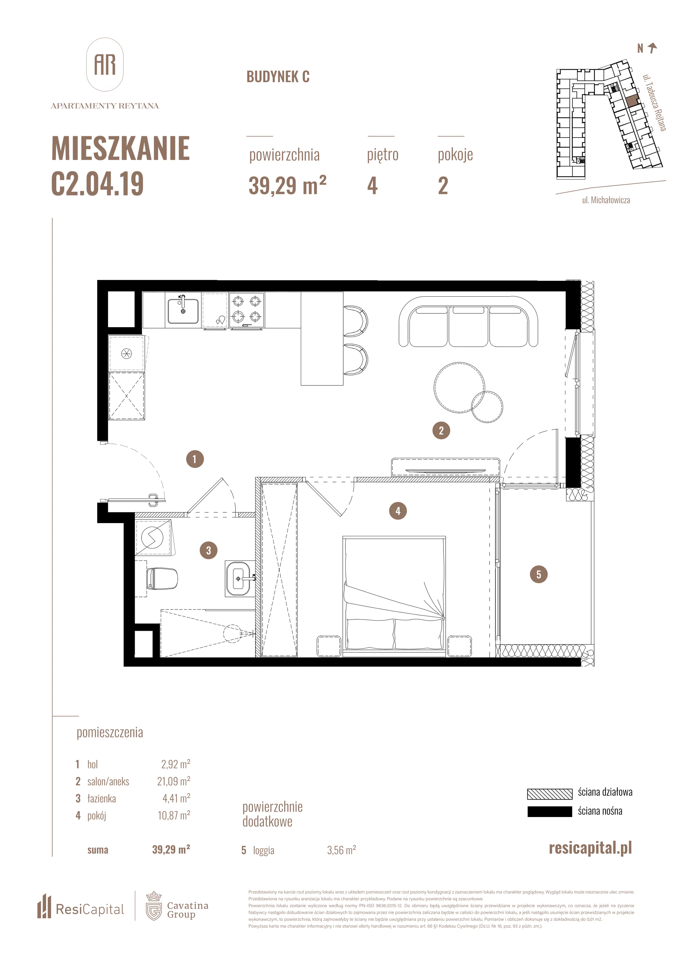2 pokoje, mieszkanie 39,29 m², piętro 4, oferta nr C2.04.19, Apartamenty Reytana, Bielsko-Biała, ul. Rejtana 3