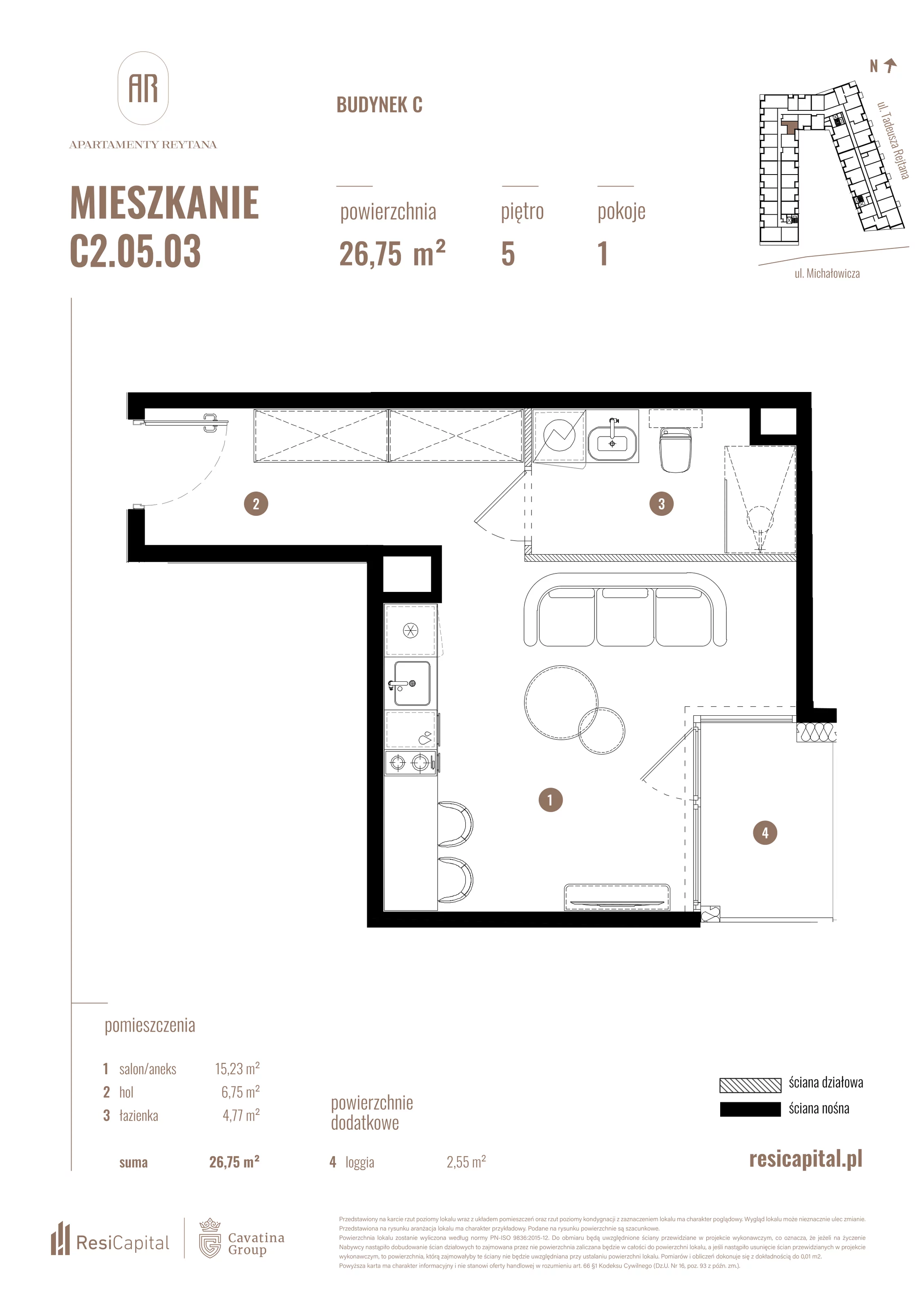 Mieszkanie 26,75 m², piętro 5, oferta nr C2.05.03, Apartamenty Reytana, Bielsko-Biała, ul. Rejtana 3