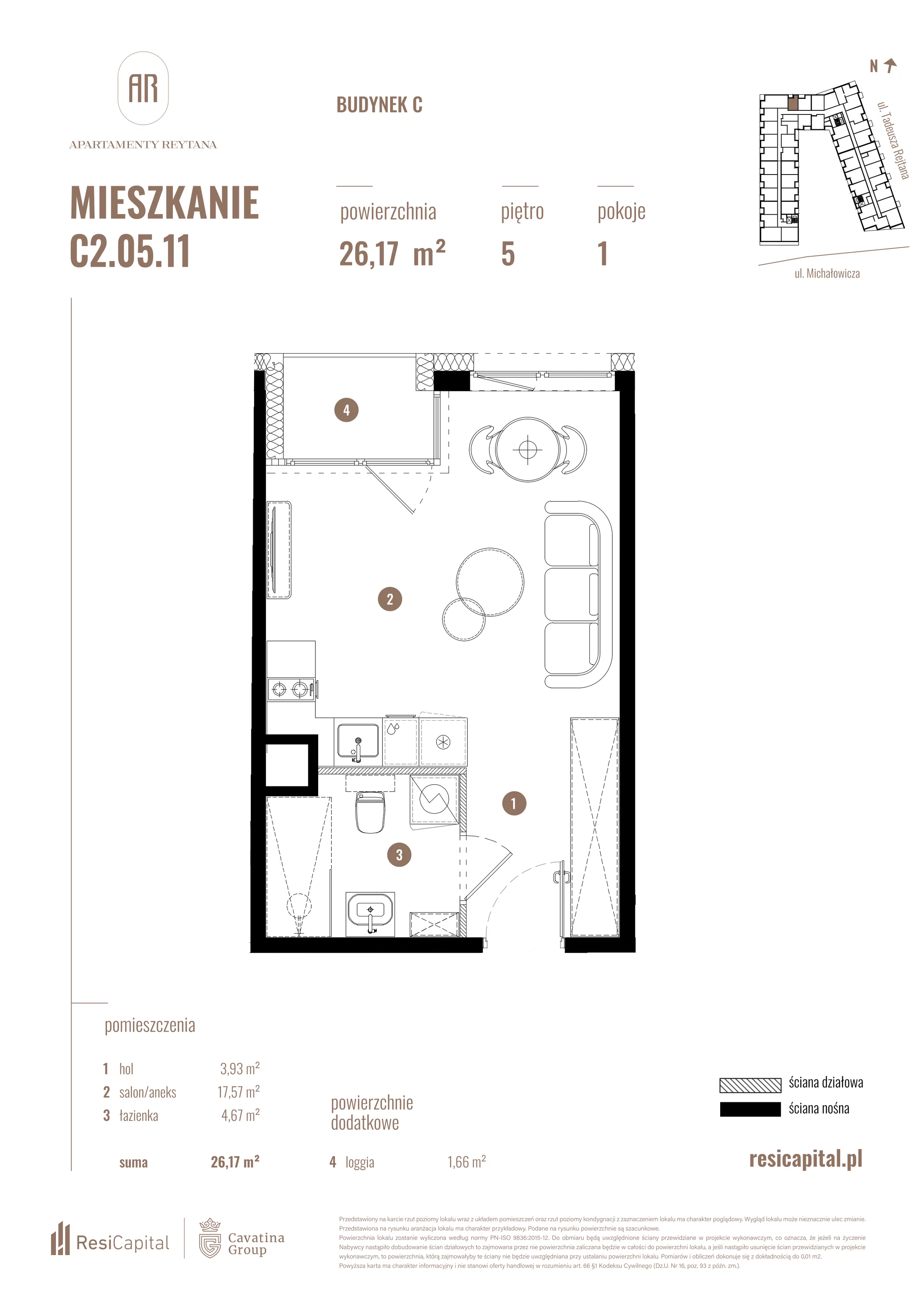 Mieszkanie 26,17 m², piętro 5, oferta nr C2.05.11, Apartamenty Reytana, Bielsko-Biała, ul. Rejtana 3