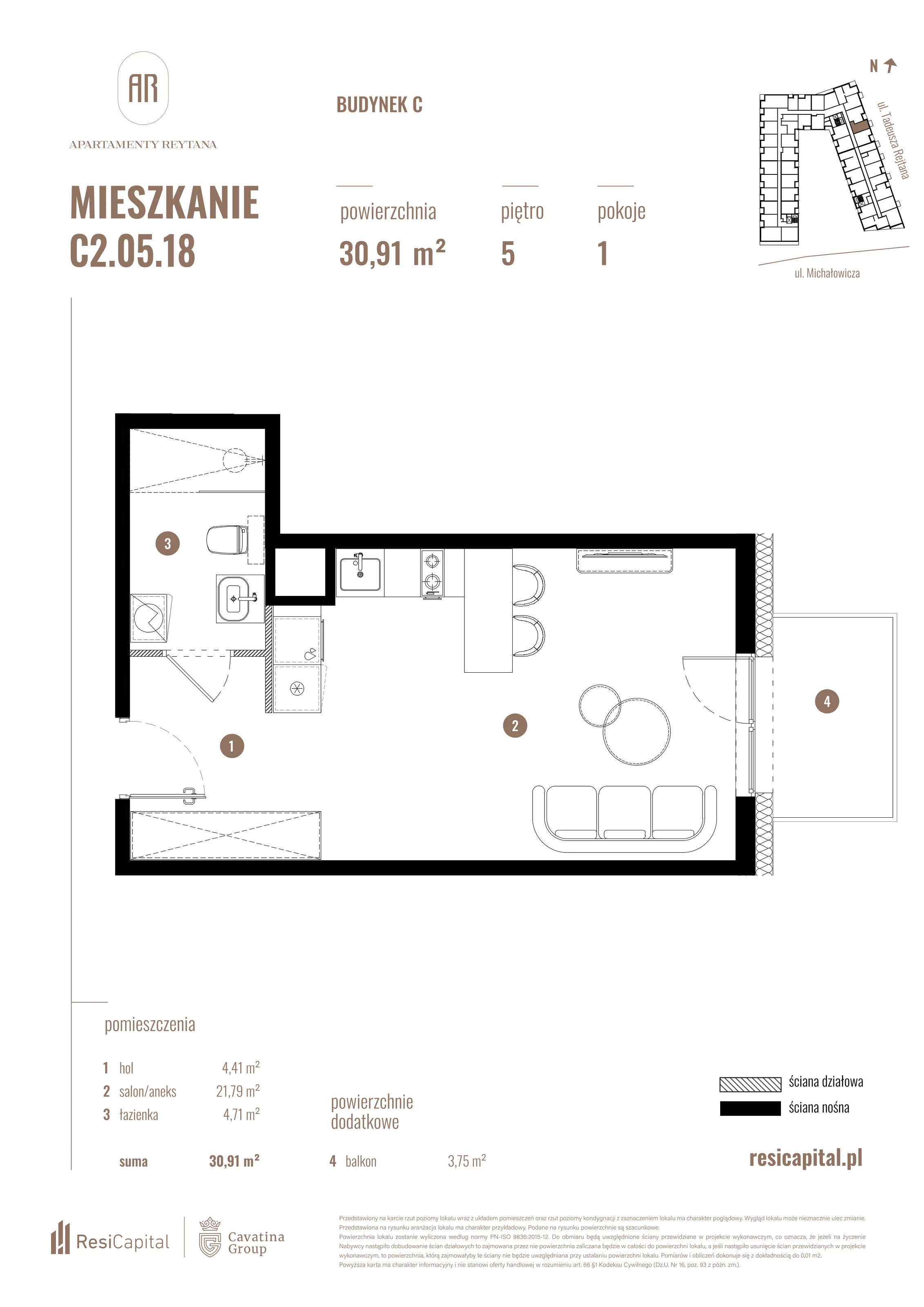 Mieszkanie 30,91 m², piętro 5, oferta nr C2.05.18, Apartamenty Reytana, Bielsko-Biała, ul. Rejtana 3