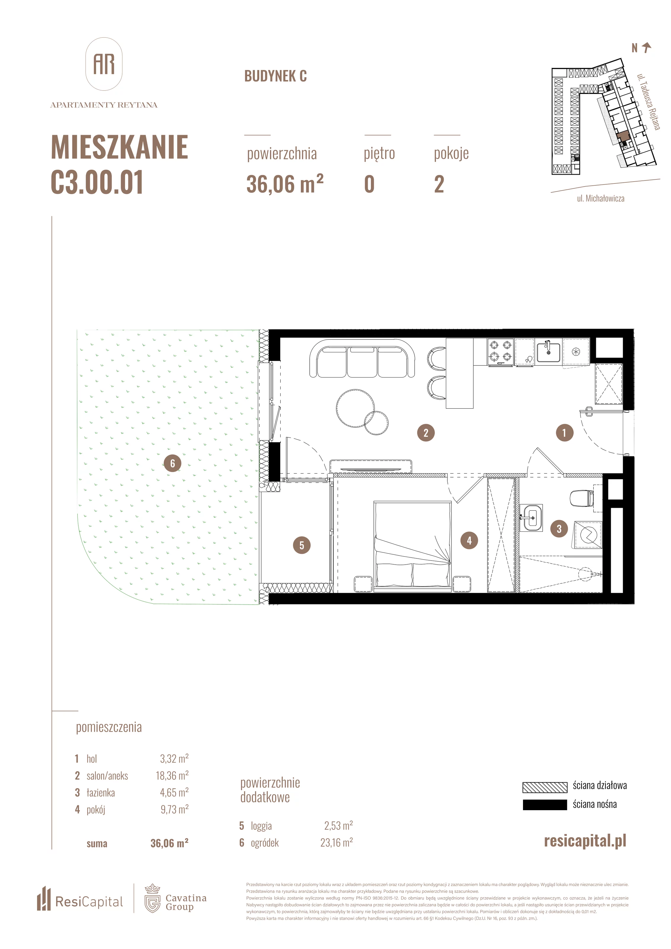 2 pokoje, mieszkanie 36,06 m², parter, oferta nr C3.00.01, Apartamenty Reytana, Bielsko-Biała, ul. Rejtana 3