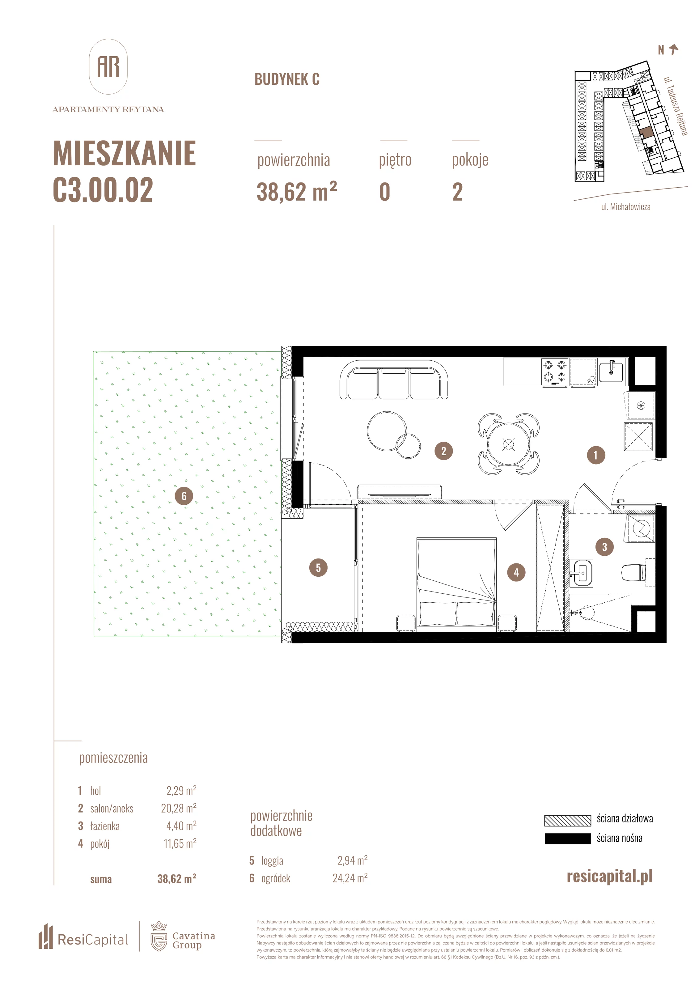 2 pokoje, mieszkanie 38,62 m², parter, oferta nr C3.00.02, Apartamenty Reytana, Bielsko-Biała, ul. Rejtana 3
