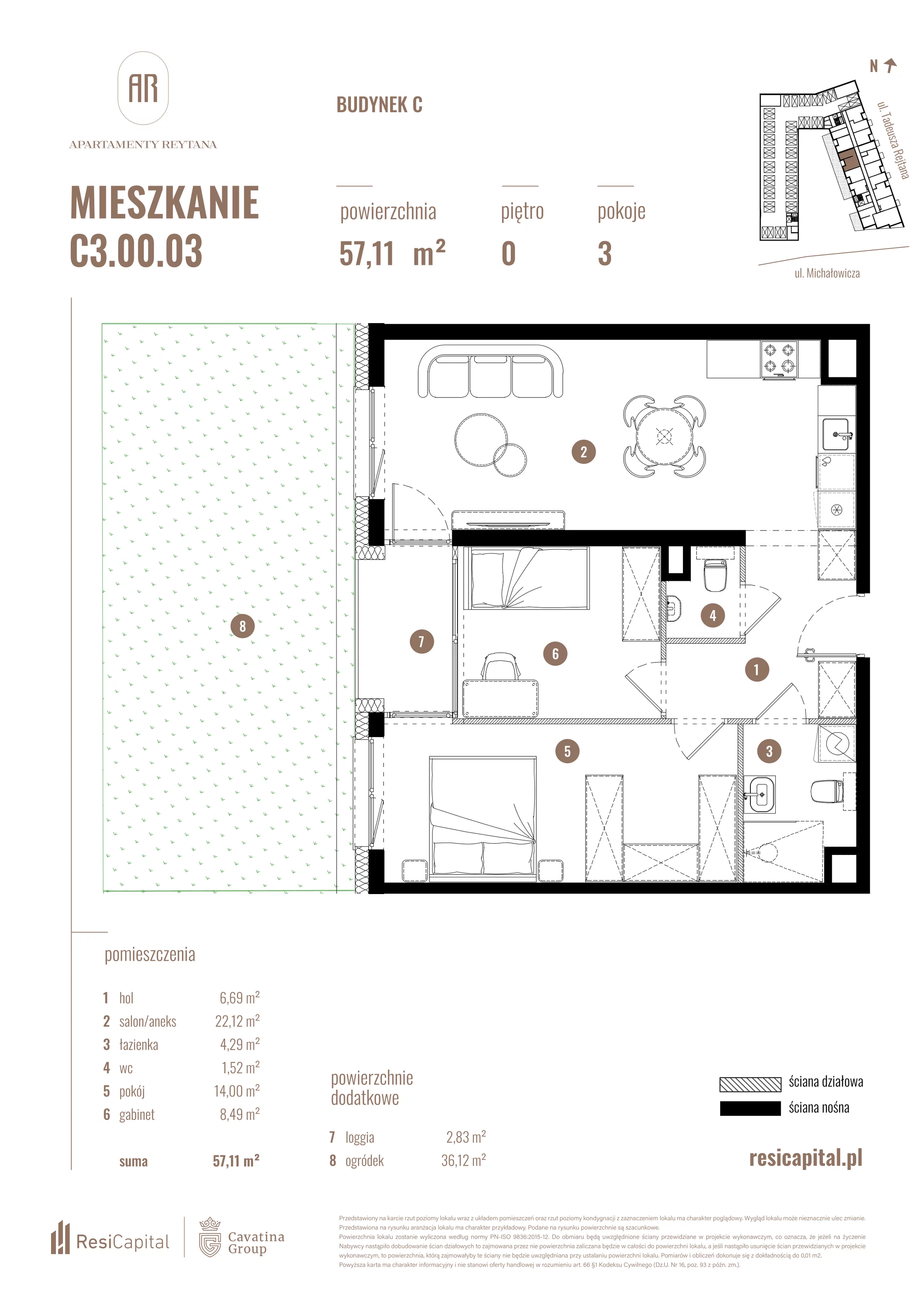 3 pokoje, mieszkanie 57,11 m², parter, oferta nr C3.00.03, Apartamenty Reytana, Bielsko-Biała, ul. Rejtana 3