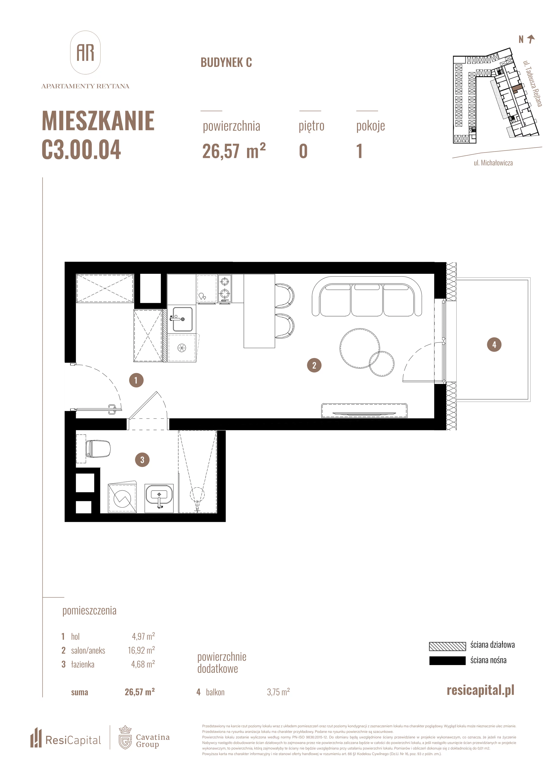 Mieszkanie 26,57 m², parter, oferta nr C3.00.04, Apartamenty Reytana, Bielsko-Biała, ul. Rejtana 3