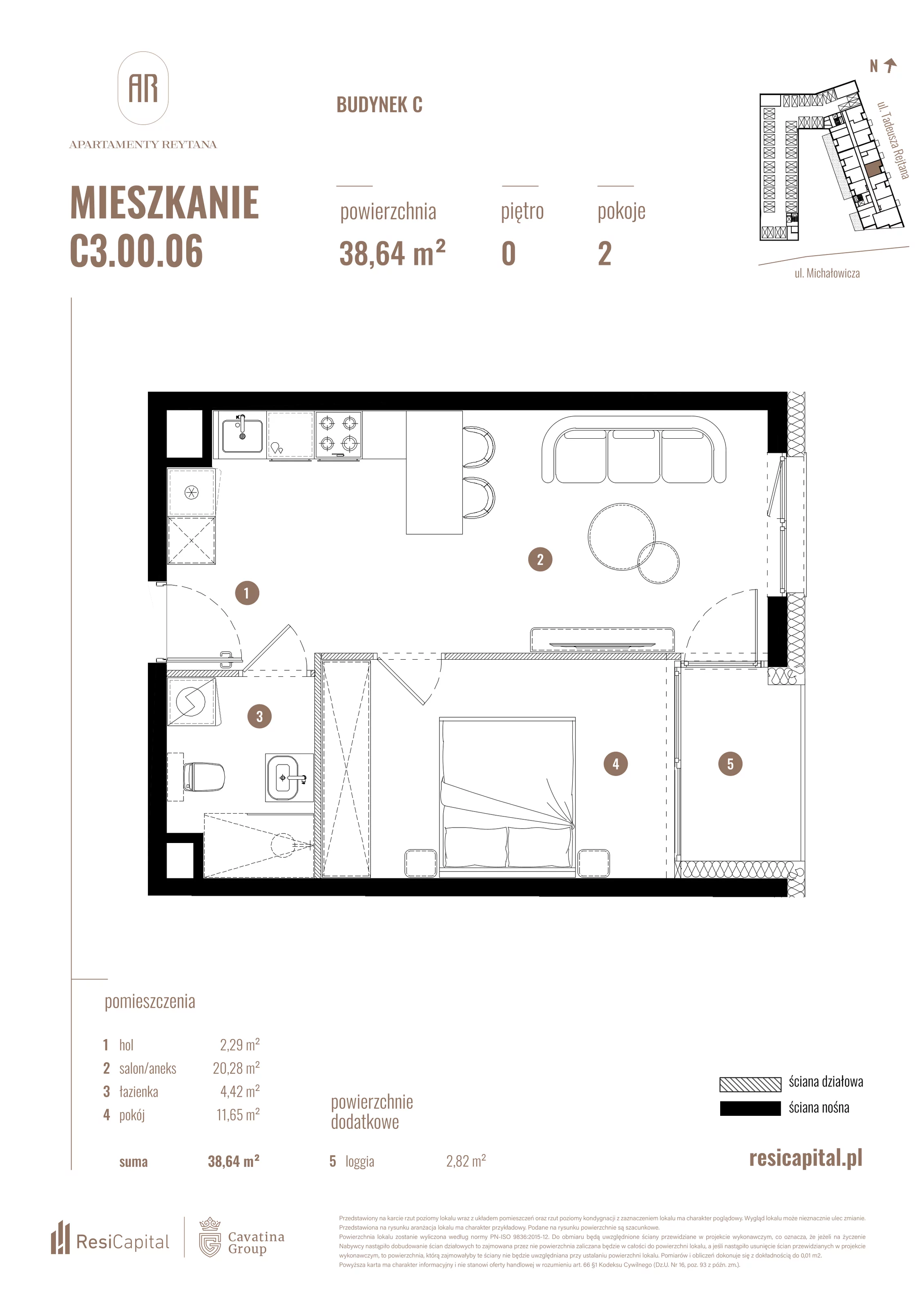 2 pokoje, mieszkanie 38,64 m², parter, oferta nr C3.00.06, Apartamenty Reytana, Bielsko-Biała, ul. Rejtana 3