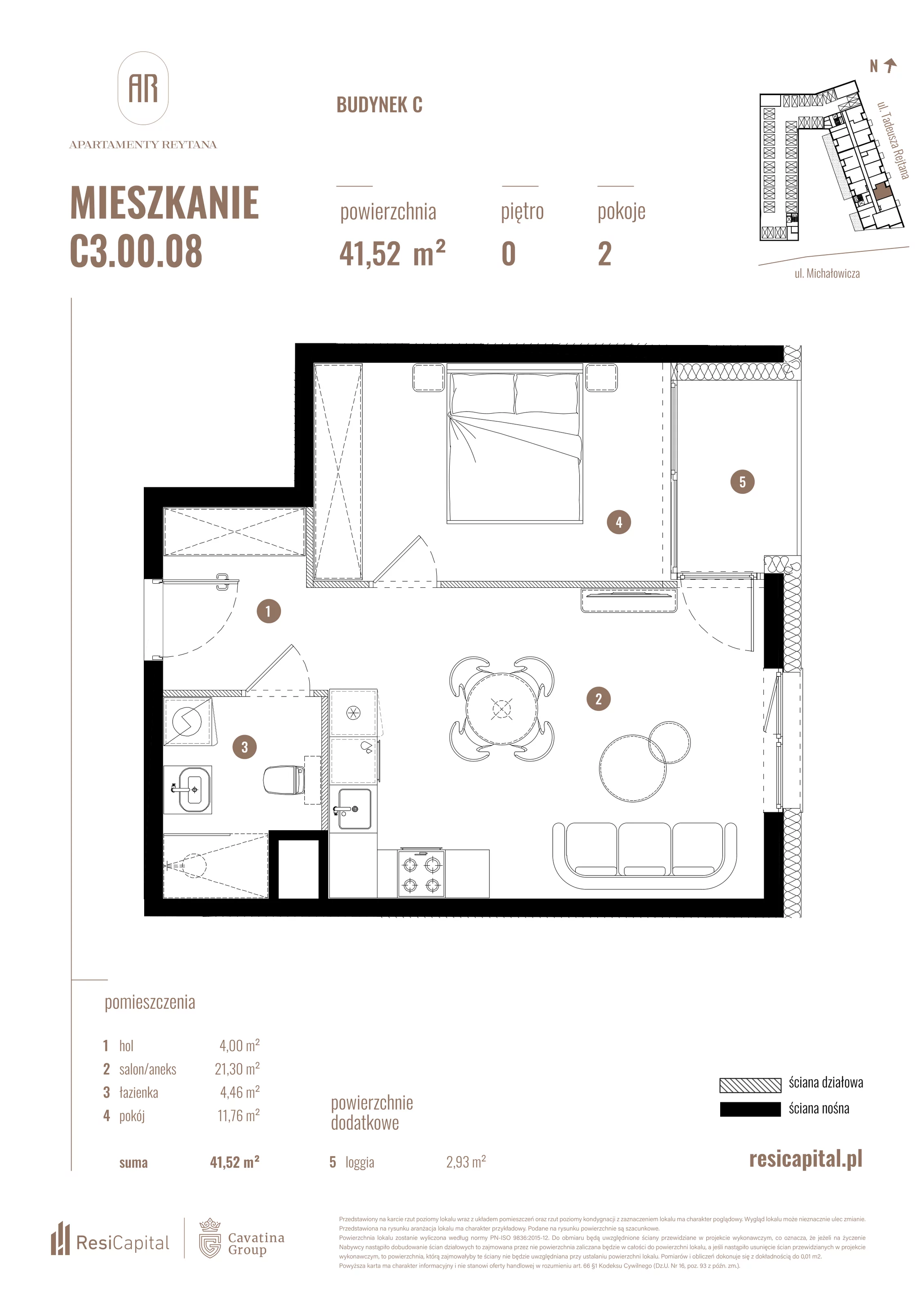 2 pokoje, mieszkanie 41,52 m², parter, oferta nr C3.00.08, Apartamenty Reytana, Bielsko-Biała, ul. Rejtana 3