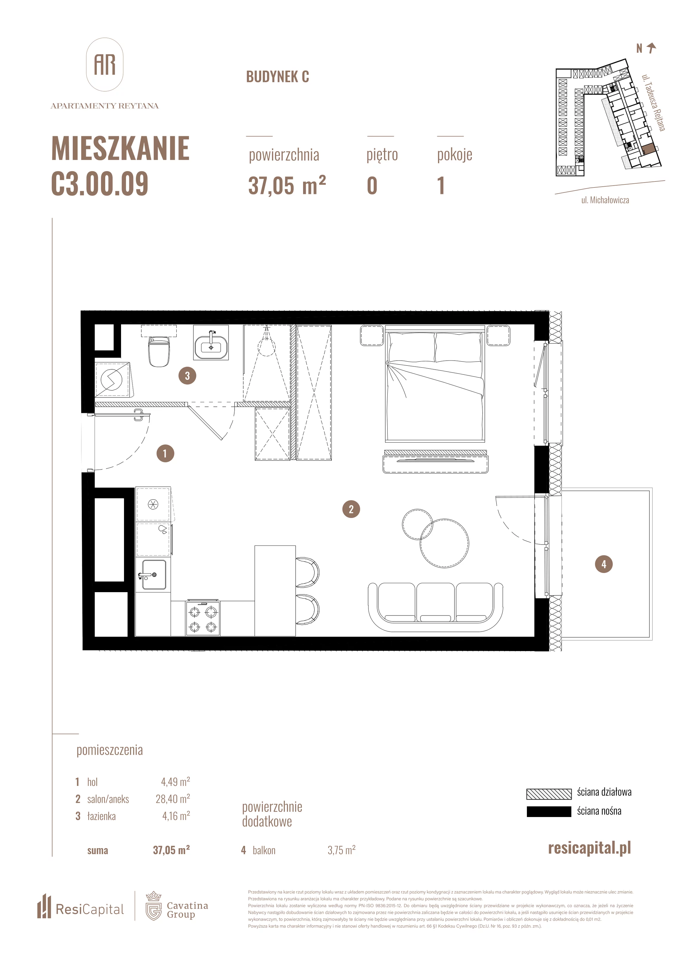 Mieszkanie 37,05 m², parter, oferta nr C3.00.09, Apartamenty Reytana, Bielsko-Biała, ul. Rejtana 3