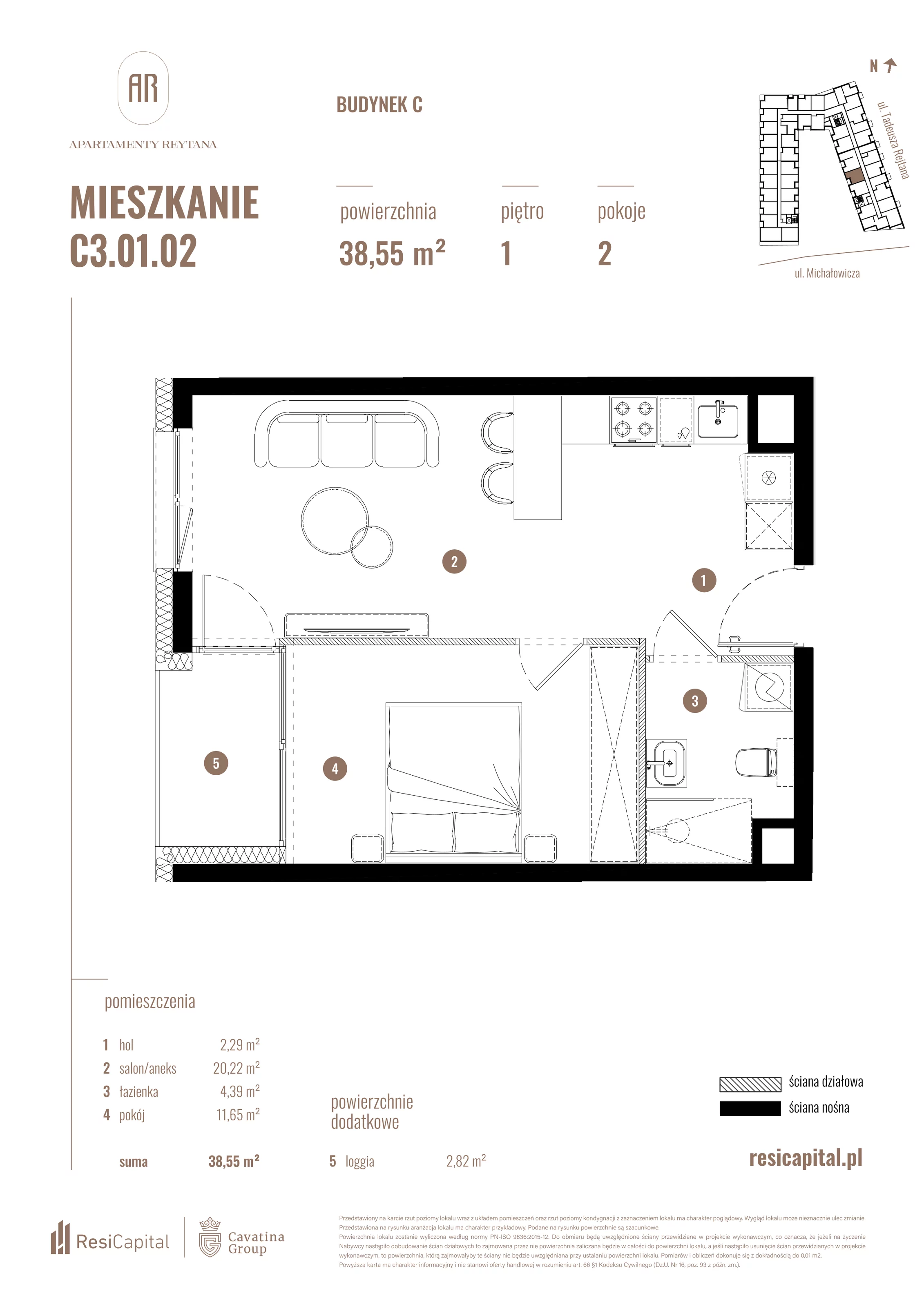 2 pokoje, mieszkanie 38,55 m², piętro 1, oferta nr C3.01.02, Apartamenty Reytana, Bielsko-Biała, ul. Rejtana 3