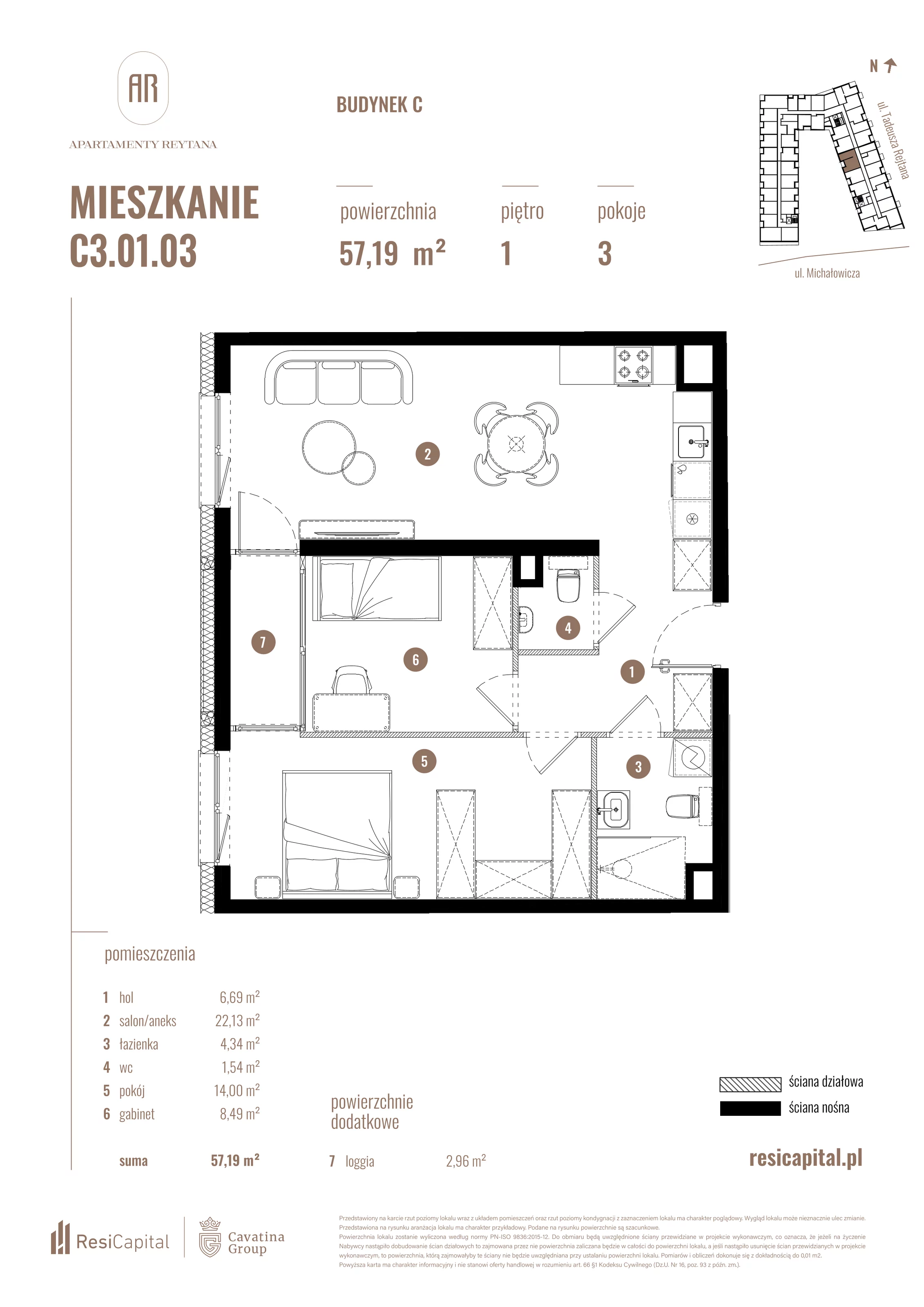 1 pokój, mieszkanie 57,19 m², piętro 1, oferta nr C3.01.03, Apartamenty Reytana, Bielsko-Biała, ul. Rejtana 3