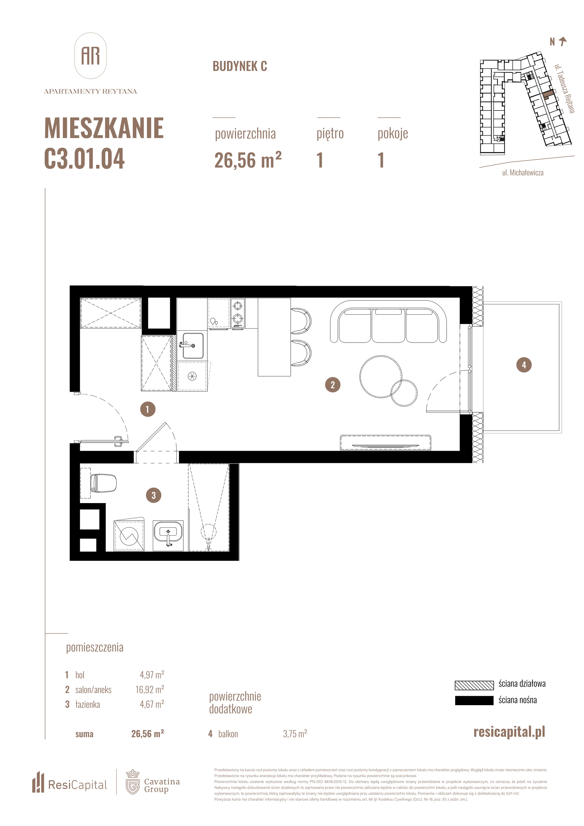 Mieszkanie 26,56 m², piętro 1, oferta nr C3.01.04, Apartamenty Reytana, Bielsko-Biała, ul. Rejtana 3