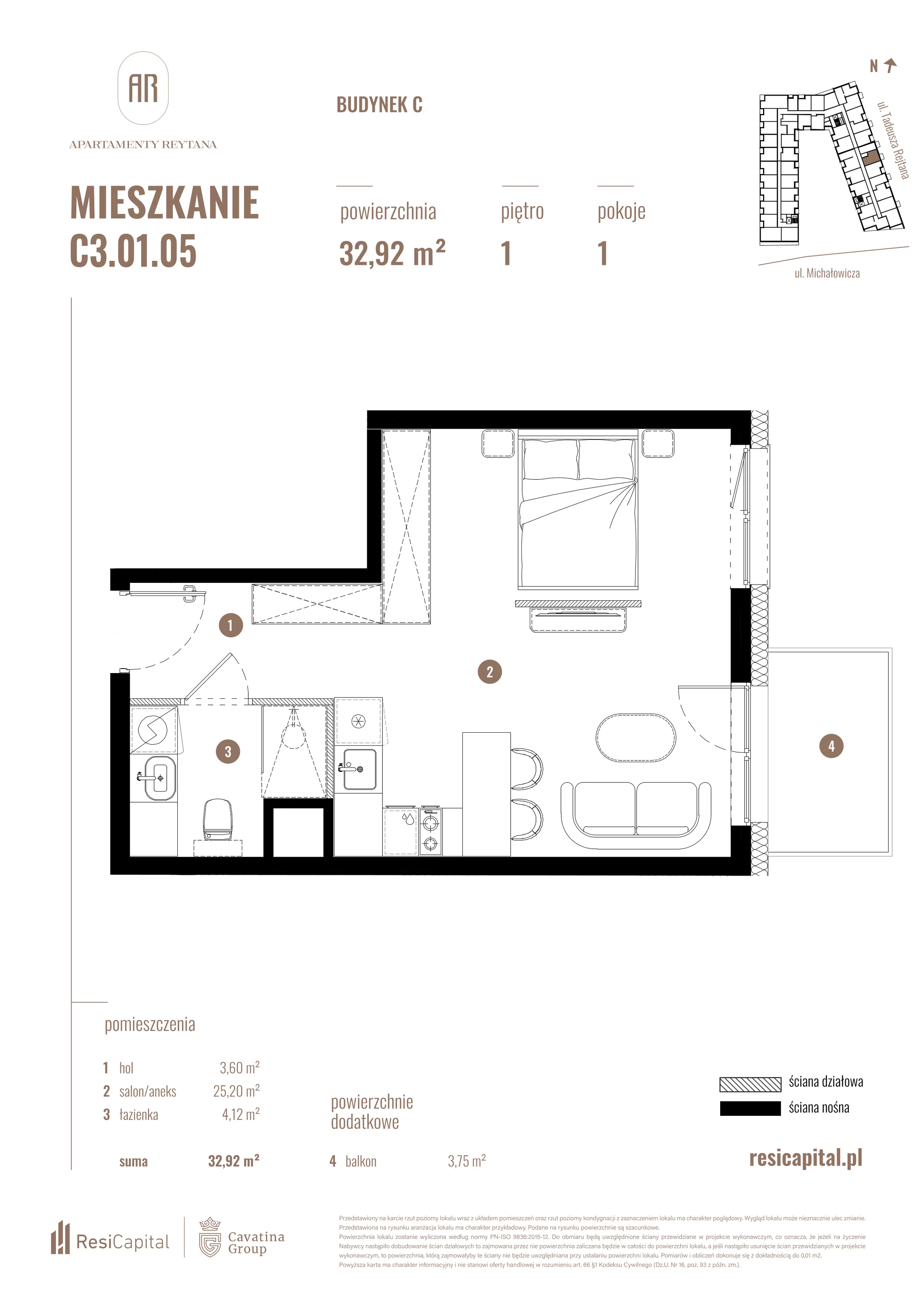 Mieszkanie 32,92 m², piętro 1, oferta nr C3.01.05, Apartamenty Reytana, Bielsko-Biała, ul. Rejtana 3