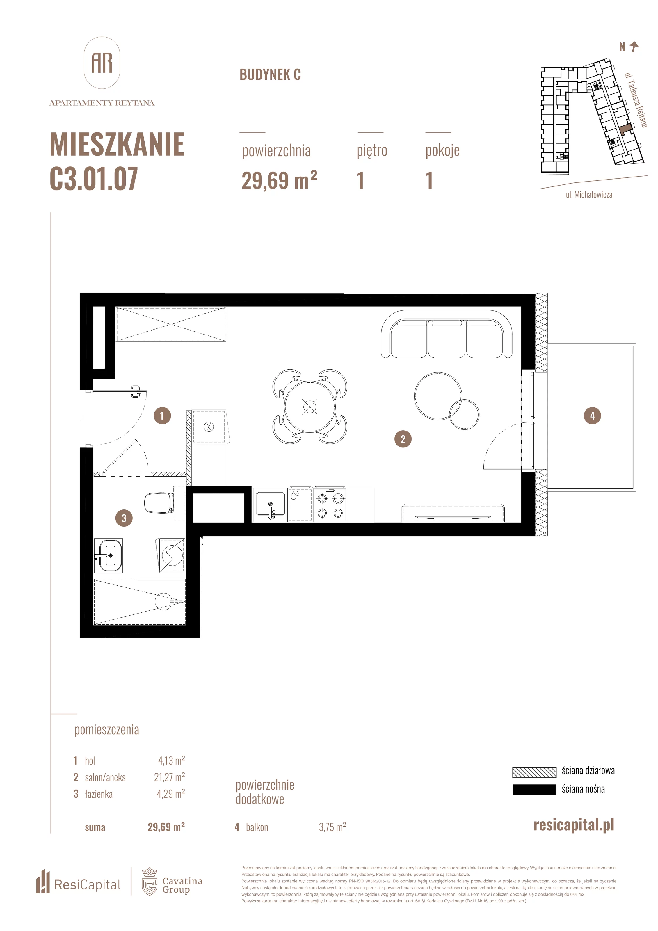 Mieszkanie 29,69 m², piętro 1, oferta nr C3.01.07, Apartamenty Reytana, Bielsko-Biała, ul. Rejtana 3