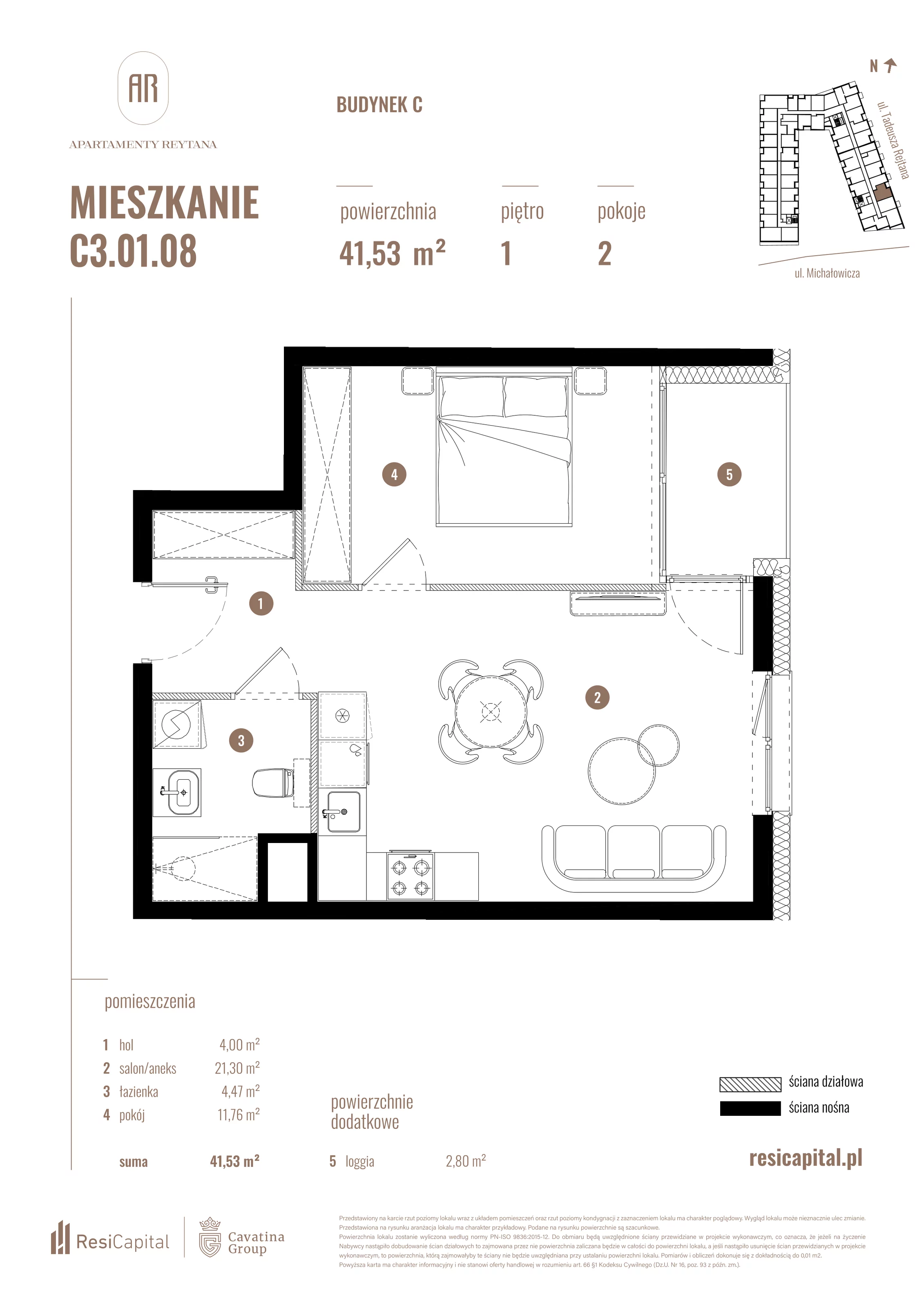 2 pokoje, mieszkanie 41,53 m², piętro 1, oferta nr C3.01.08, Apartamenty Reytana, Bielsko-Biała, ul. Rejtana 3