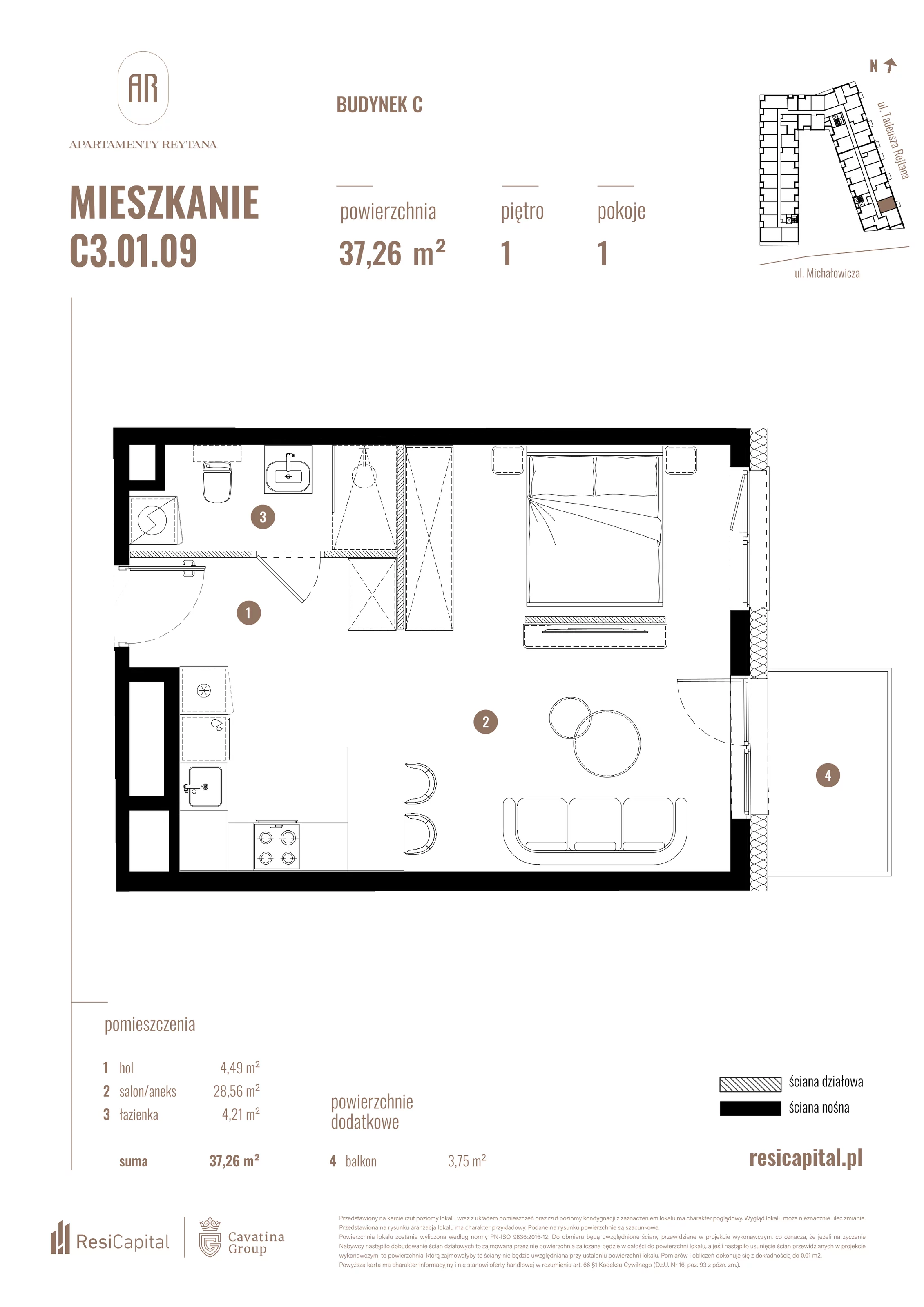 Mieszkanie 37,26 m², piętro 1, oferta nr C3.01.09, Apartamenty Reytana, Bielsko-Biała, ul. Rejtana 3