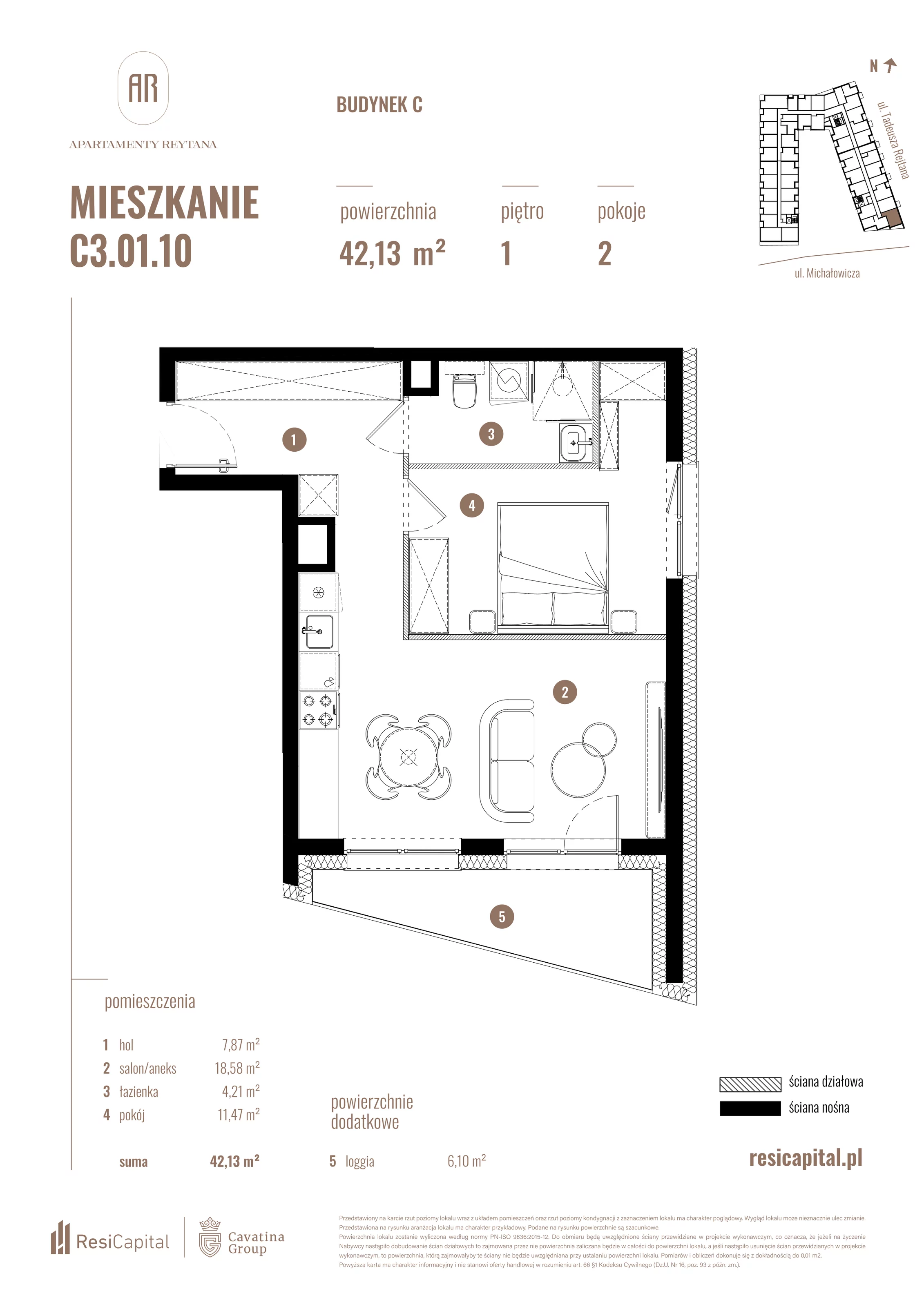 2 pokoje, mieszkanie 42,13 m², piętro 1, oferta nr C3.01.10, Apartamenty Reytana, Bielsko-Biała, ul. Rejtana 3