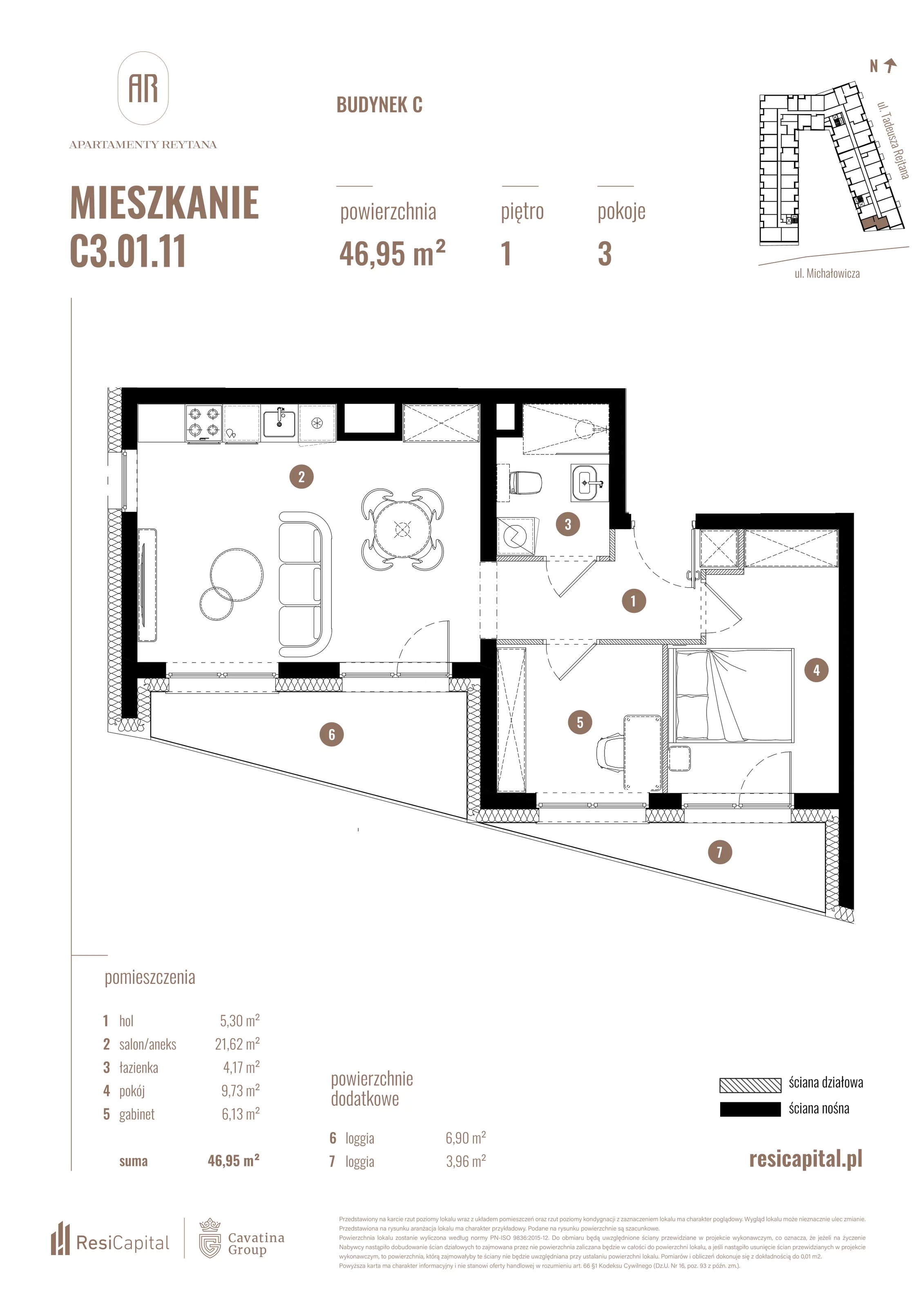 3 pokoje, mieszkanie 46,95 m², piętro 1, oferta nr C3.01.11, Apartamenty Reytana, Bielsko-Biała, ul. Rejtana 3