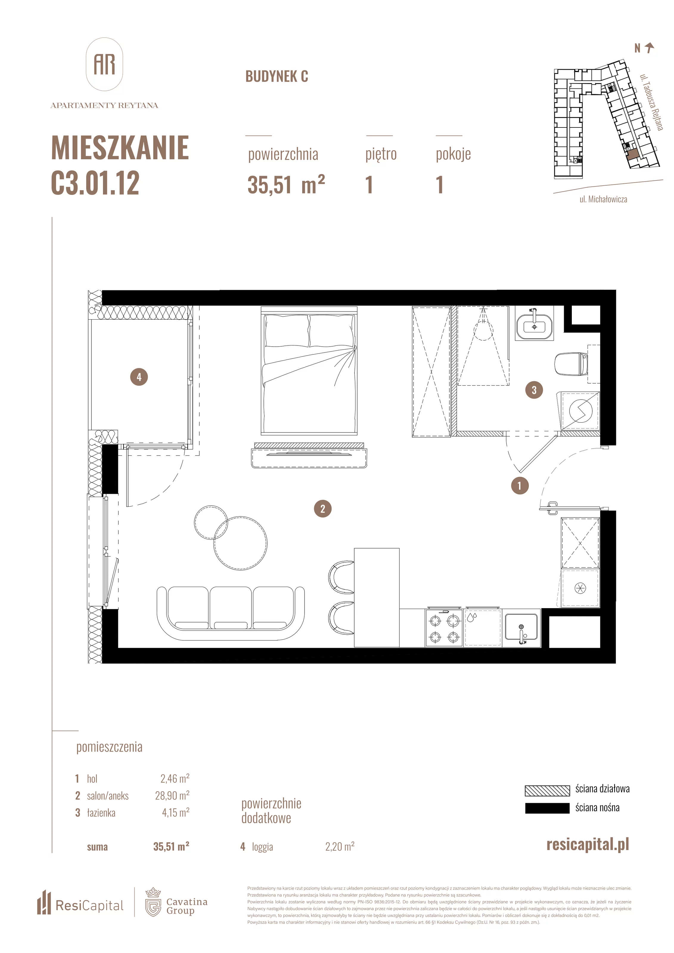 Mieszkanie 35,51 m², piętro 1, oferta nr C3.01.12, Apartamenty Reytana, Bielsko-Biała, ul. Rejtana 3