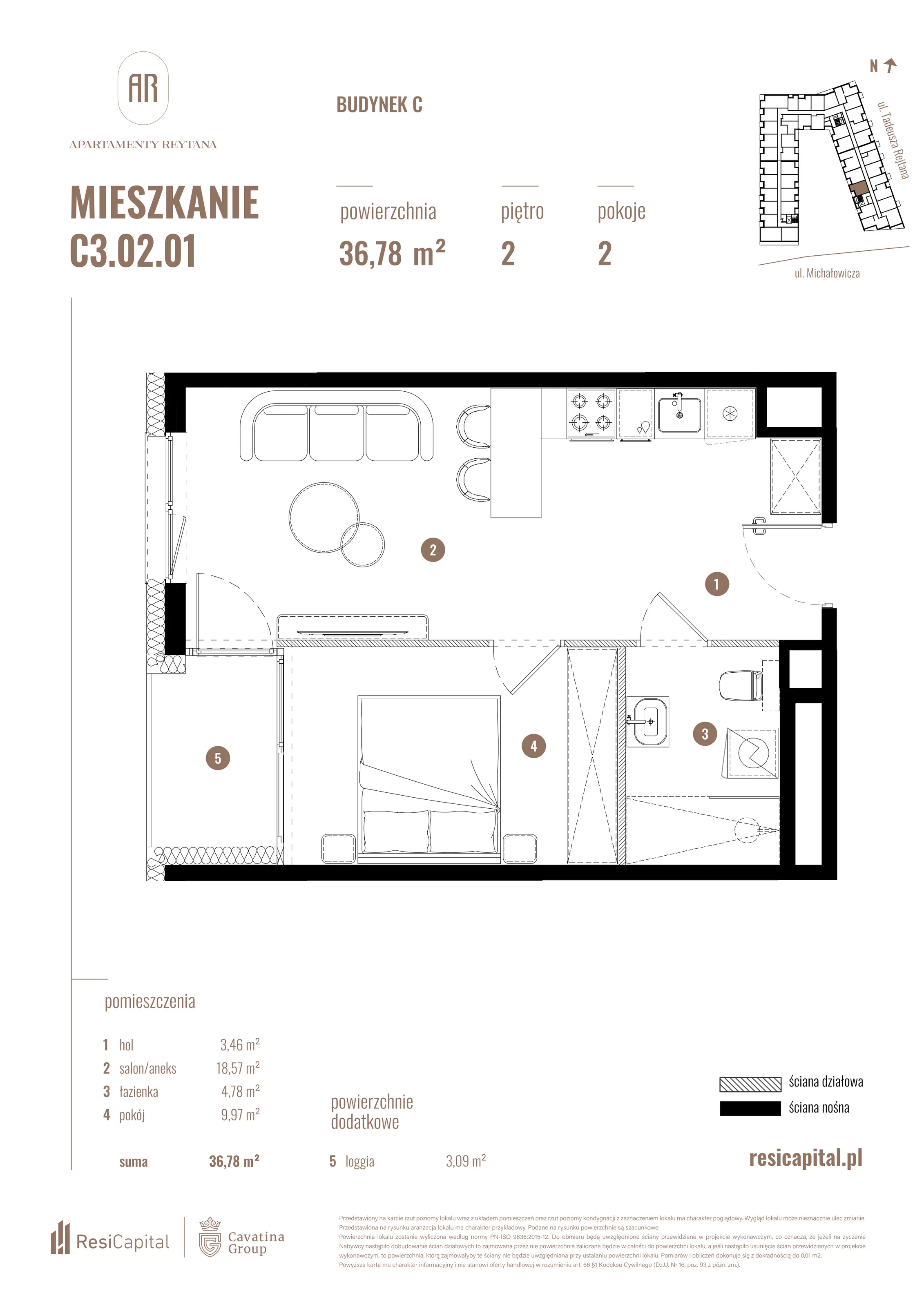 2 pokoje, mieszkanie 36,78 m², piętro 2, oferta nr C3.02.01, Apartamenty Reytana, Bielsko-Biała, ul. Rejtana 3