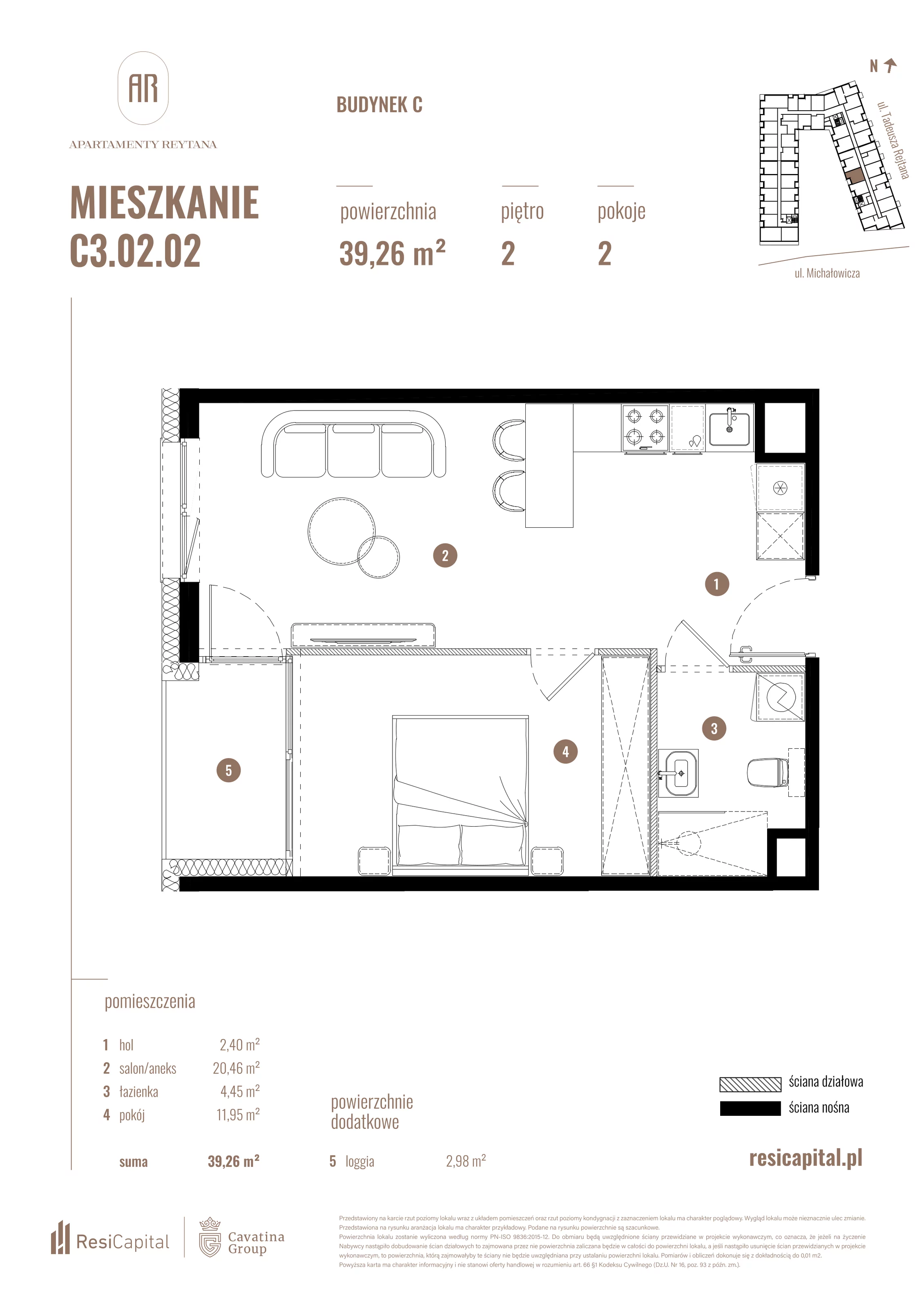 2 pokoje, mieszkanie 39,26 m², piętro 2, oferta nr C3.02.02, Apartamenty Reytana, Bielsko-Biała, ul. Rejtana 3