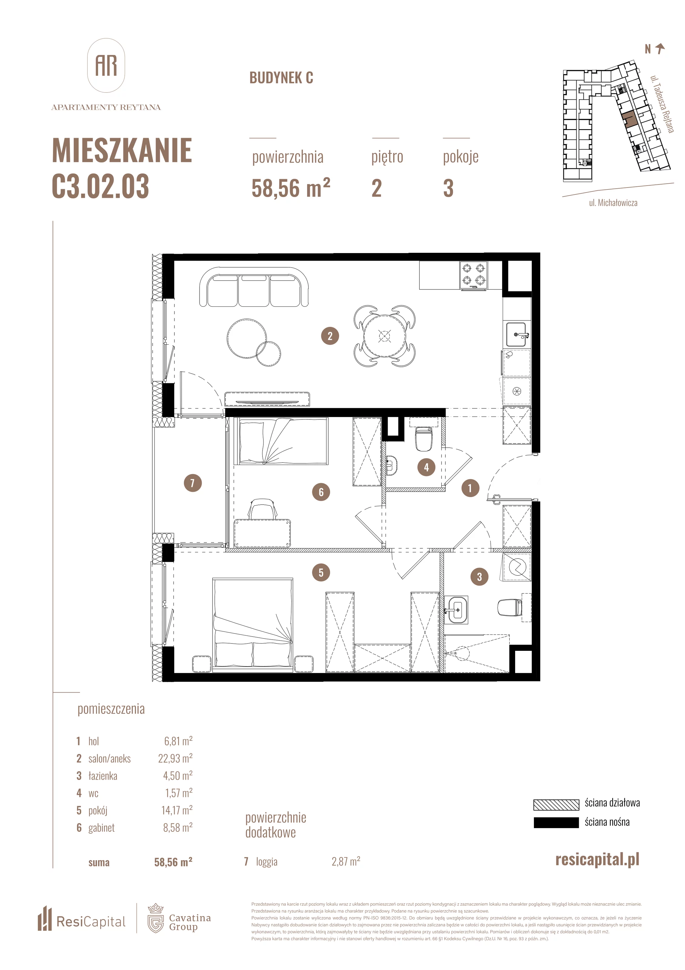 3 pokoje, mieszkanie 58,56 m², piętro 2, oferta nr C3.02.03, Apartamenty Reytana, Bielsko-Biała, ul. Rejtana 3