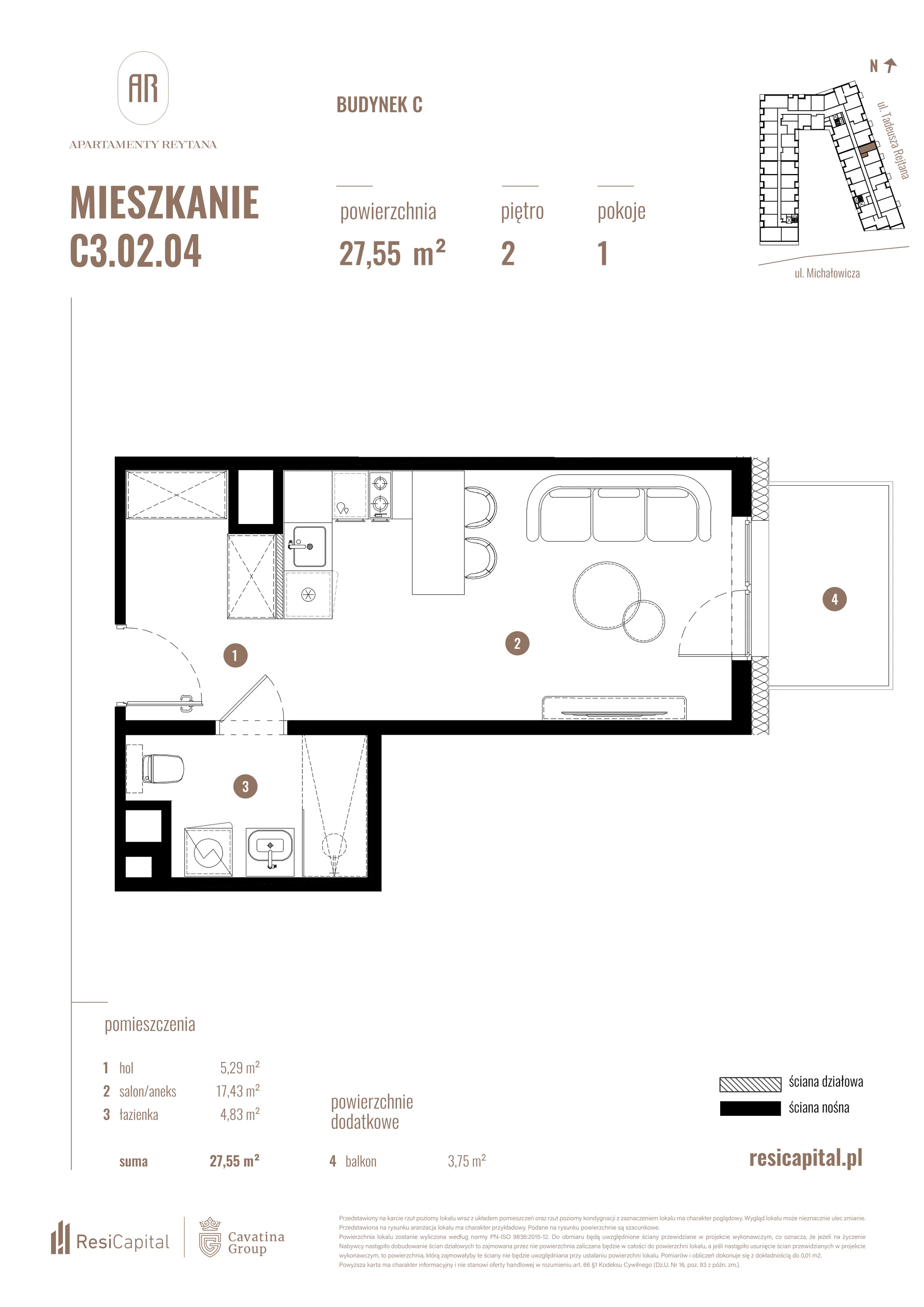 Mieszkanie 27,55 m², piętro 2, oferta nr C3.02.04, Apartamenty Reytana, Bielsko-Biała, ul. Rejtana 3