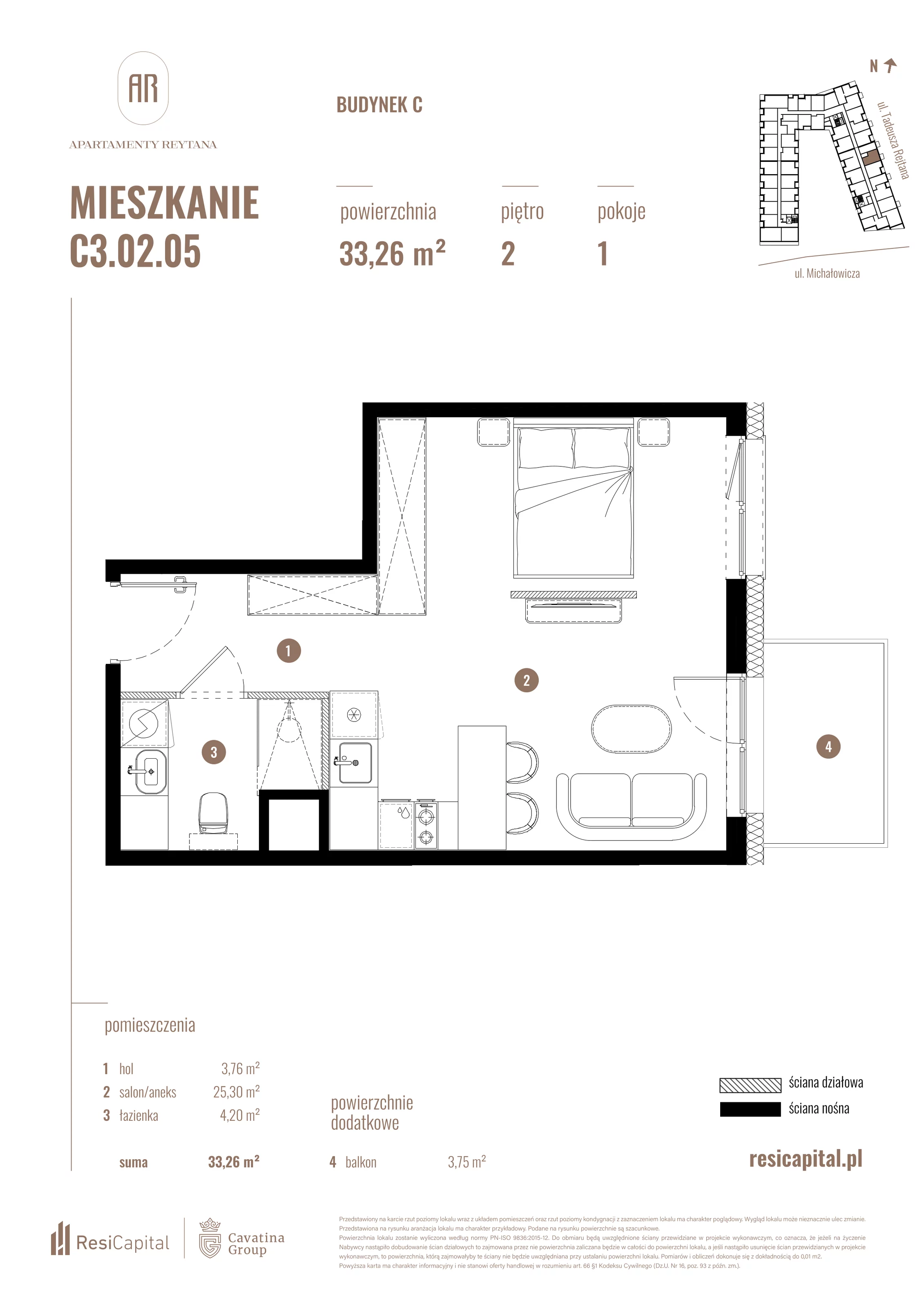 Mieszkanie 33,26 m², piętro 2, oferta nr C3.02.05, Apartamenty Reytana, Bielsko-Biała, ul. Rejtana 3