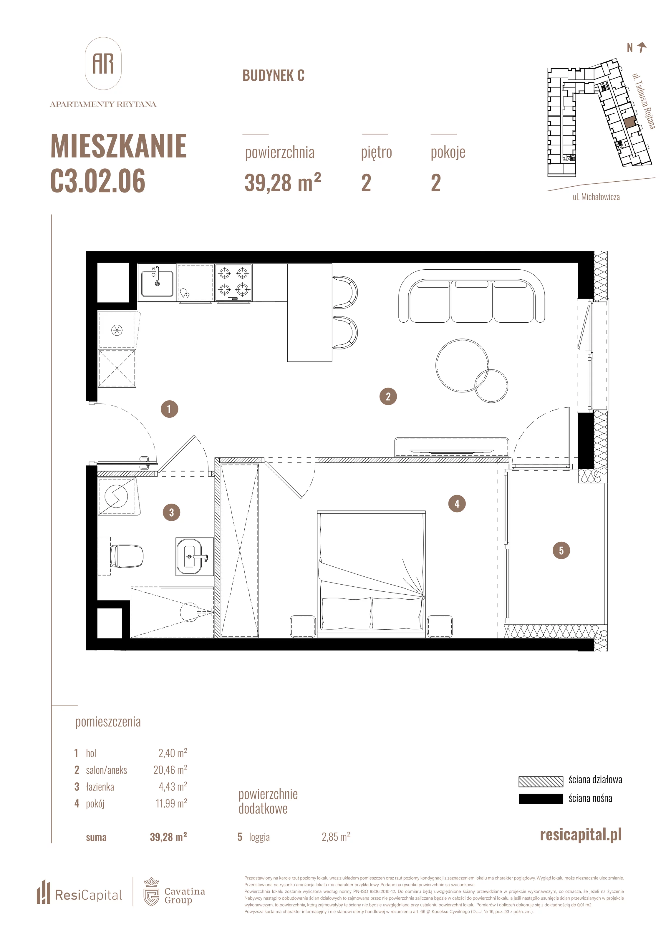 2 pokoje, mieszkanie 39,28 m², piętro 2, oferta nr C3.02.06, Apartamenty Reytana, Bielsko-Biała, ul. Rejtana 3