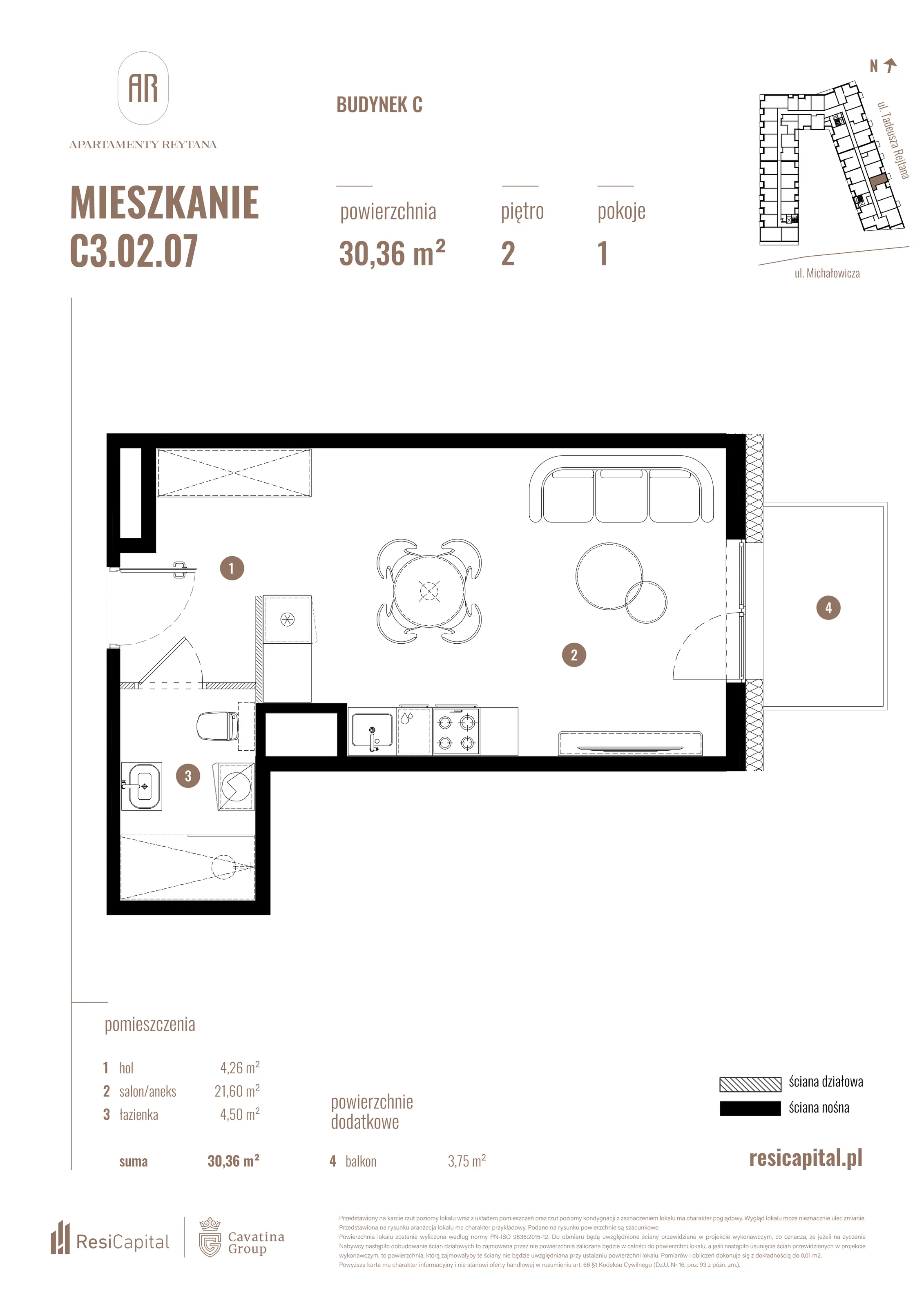 Mieszkanie 30,36 m², piętro 2, oferta nr C3.02.07, Apartamenty Reytana, Bielsko-Biała, ul. Rejtana 3