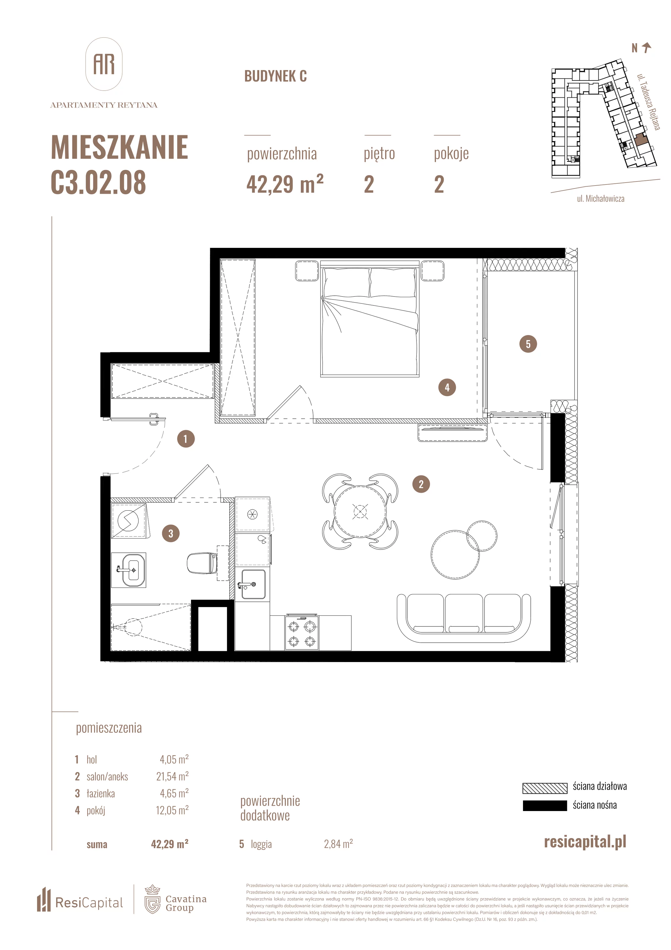 2 pokoje, mieszkanie 42,29 m², piętro 2, oferta nr C3.02.08, Apartamenty Reytana, Bielsko-Biała, ul. Rejtana 3