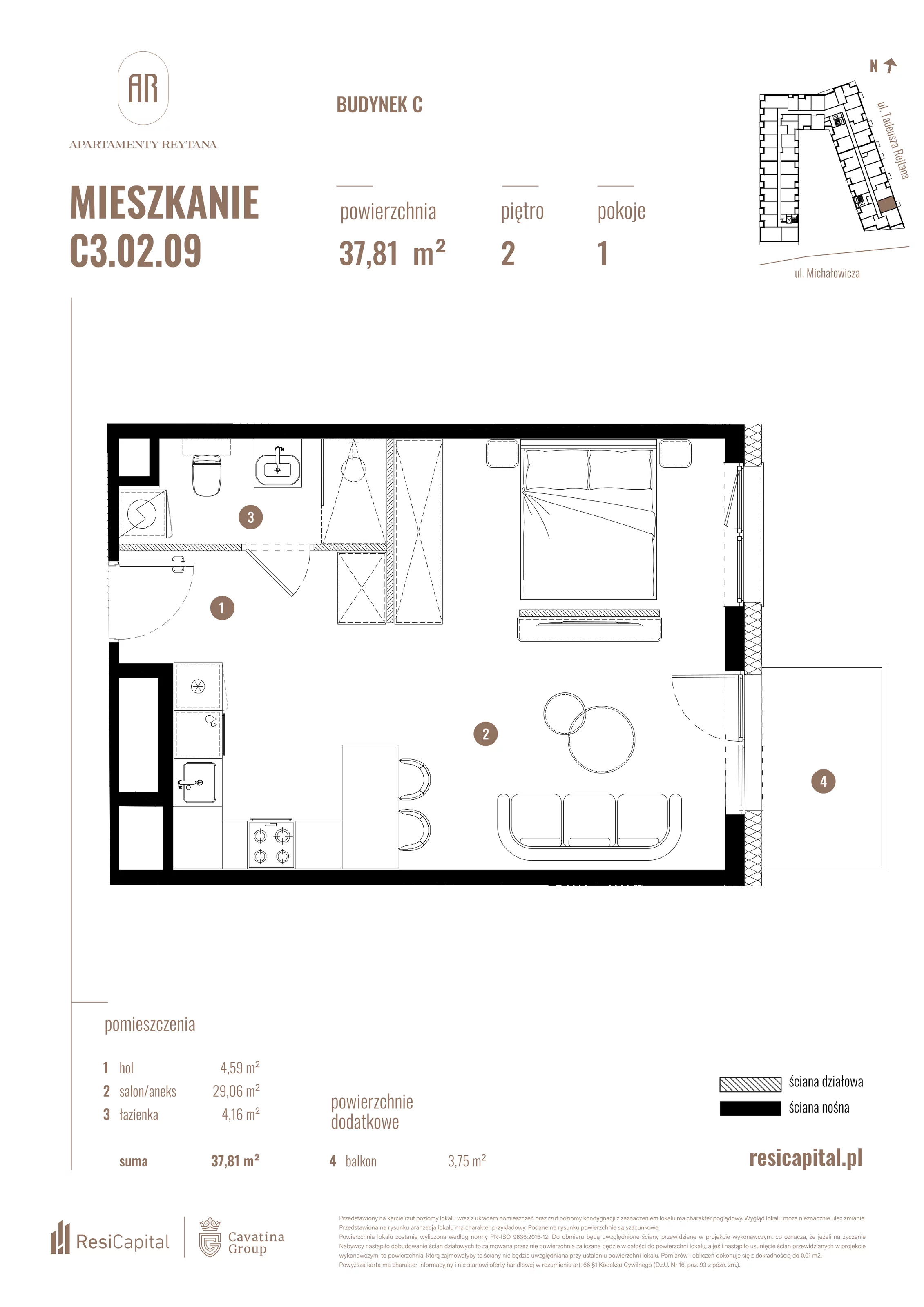 Mieszkanie 37,81 m², piętro 2, oferta nr C3.02.09, Apartamenty Reytana, Bielsko-Biała, ul. Rejtana 3