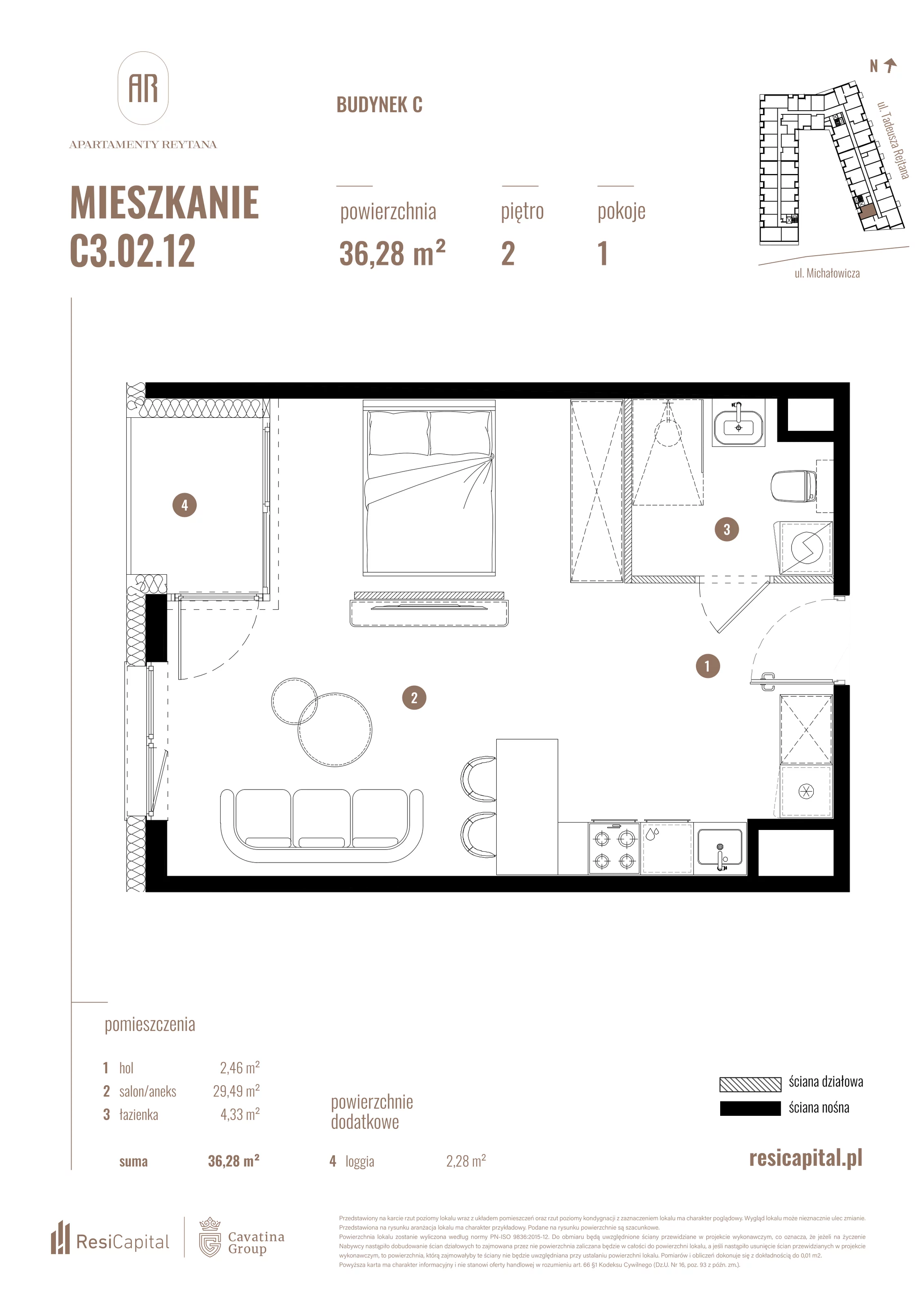 Mieszkanie 36,28 m², piętro 2, oferta nr C3.02.12, Apartamenty Reytana, Bielsko-Biała, ul. Rejtana 3