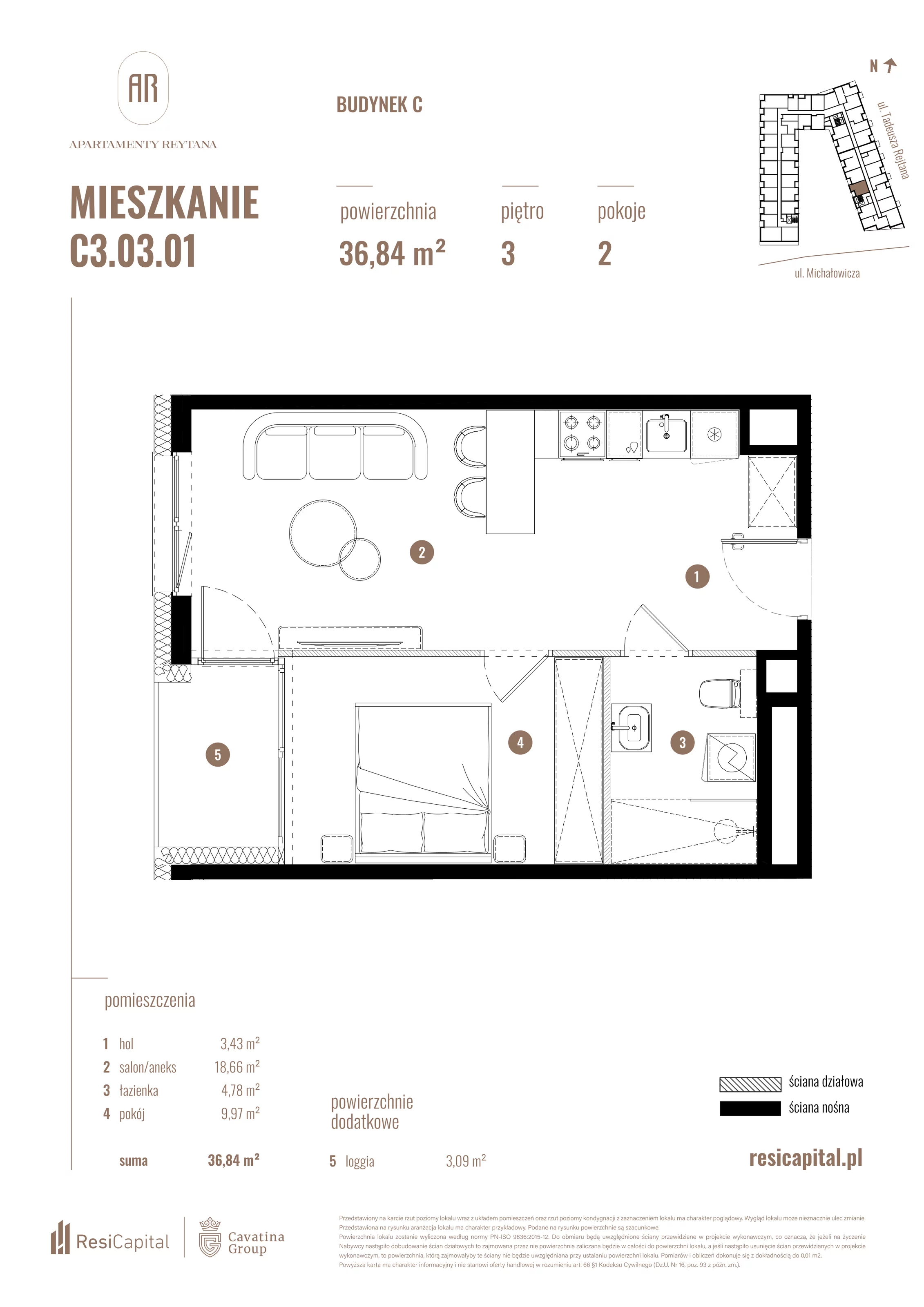 2 pokoje, mieszkanie 36,84 m², piętro 3, oferta nr C3.03.01, Apartamenty Reytana, Bielsko-Biała, ul. Rejtana 3