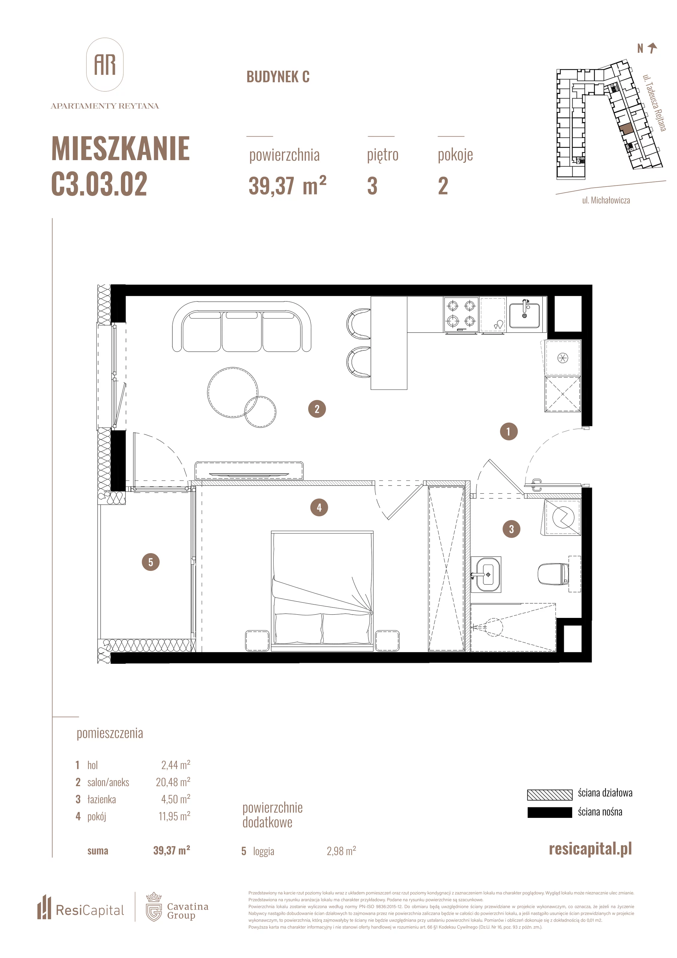 2 pokoje, mieszkanie 39,37 m², piętro 3, oferta nr C3.03.02, Apartamenty Reytana, Bielsko-Biała, ul. Rejtana 3