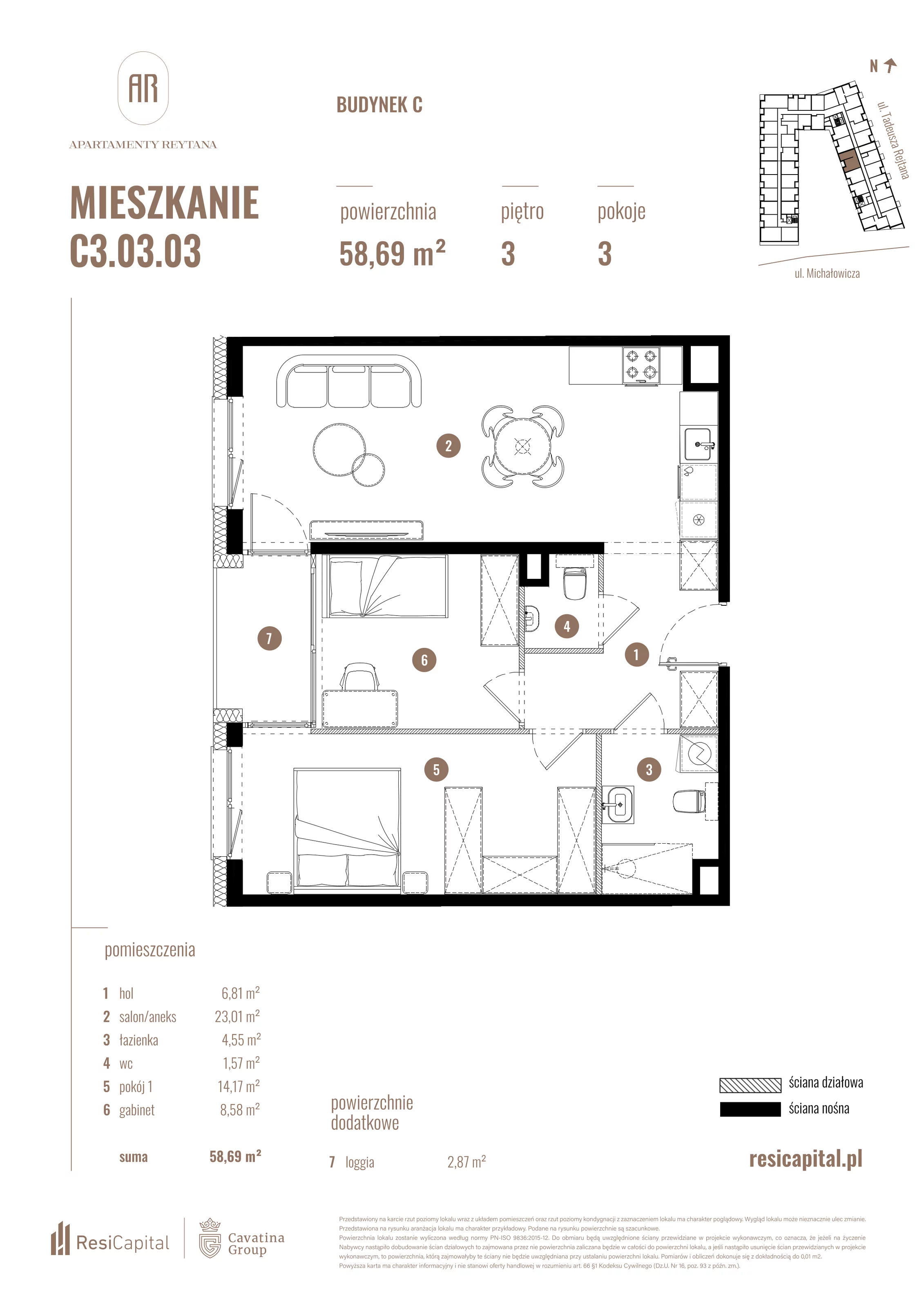 3 pokoje, mieszkanie 58,69 m², piętro 3, oferta nr C3.03.03, Apartamenty Reytana, Bielsko-Biała, ul. Rejtana 3