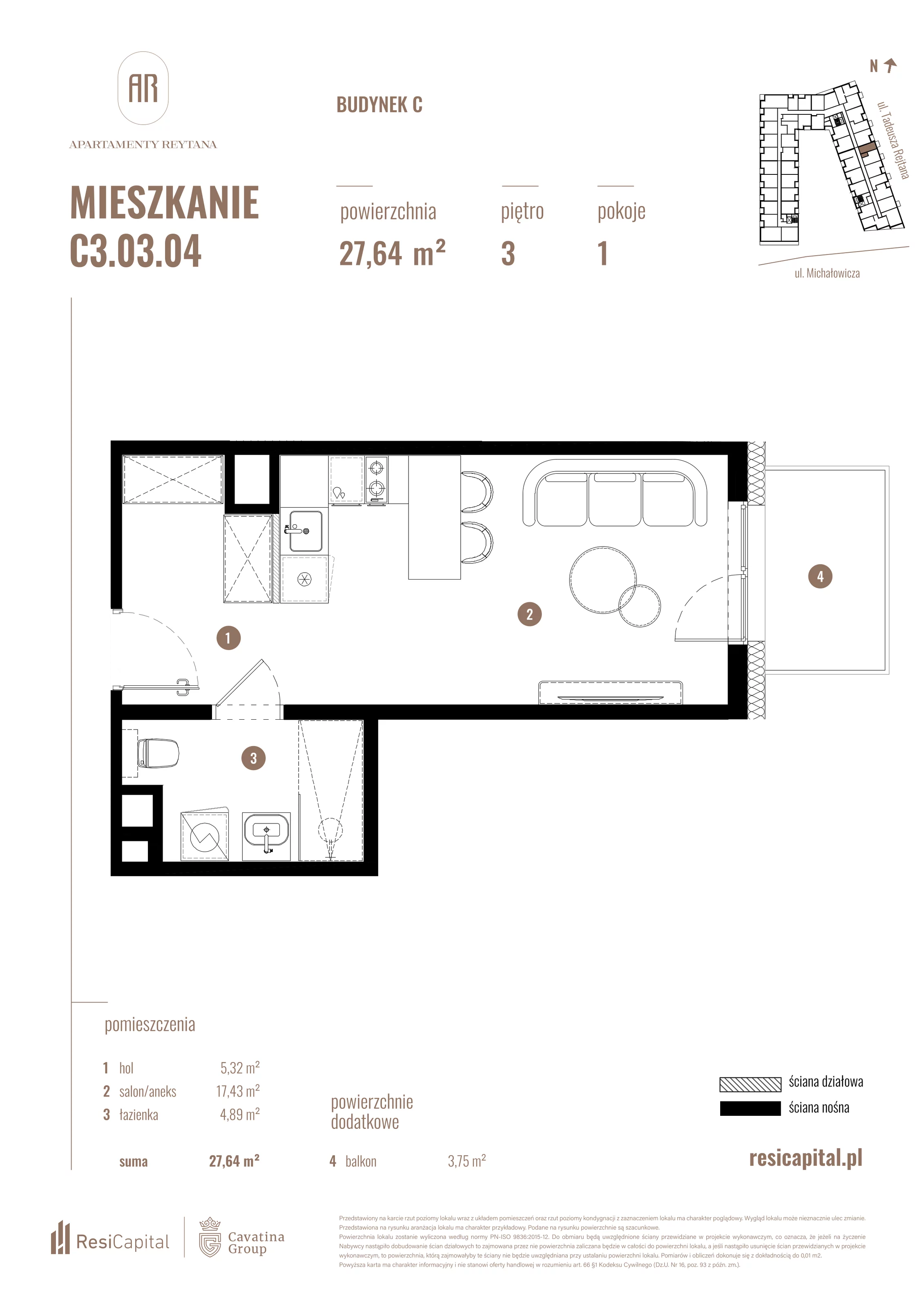 Mieszkanie 27,64 m², piętro 3, oferta nr C3.03.04, Apartamenty Reytana, Bielsko-Biała, ul. Rejtana 3