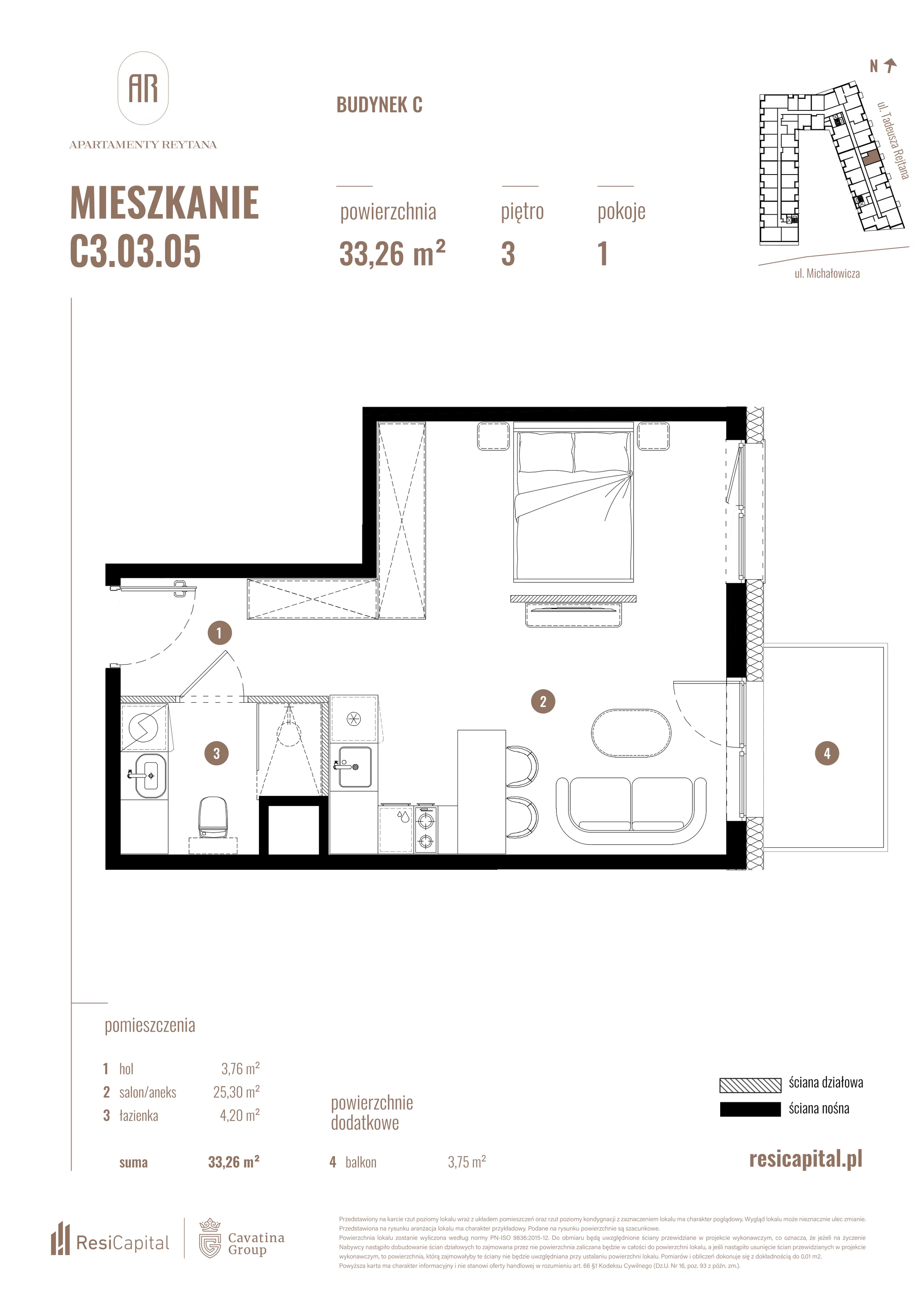 Mieszkanie 33,26 m², piętro 3, oferta nr C3.03.05, Apartamenty Reytana, Bielsko-Biała, ul. Rejtana 3