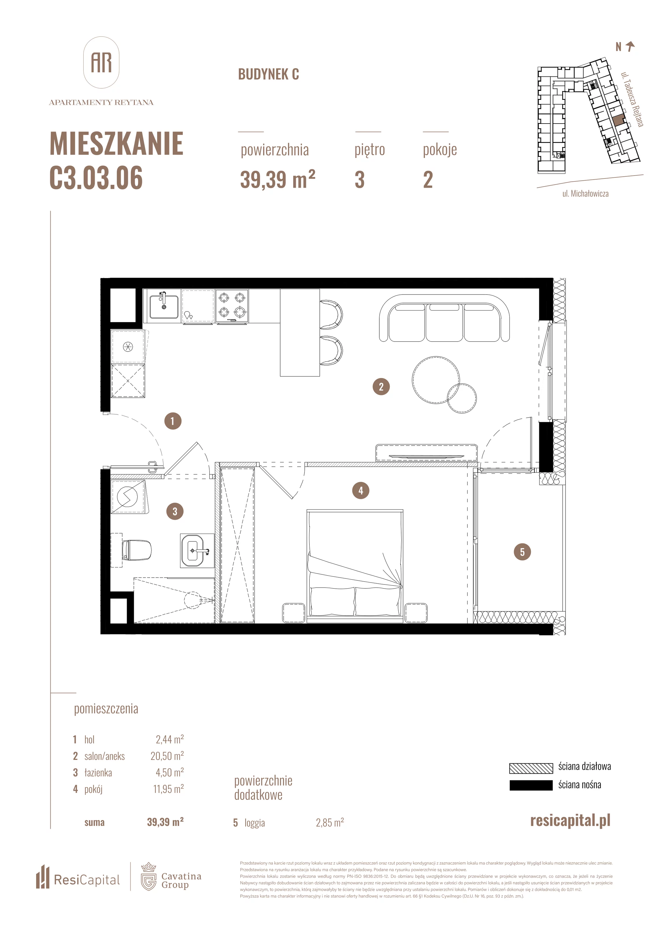 2 pokoje, mieszkanie 39,39 m², piętro 3, oferta nr C3.03.06, Apartamenty Reytana, Bielsko-Biała, ul. Rejtana 3