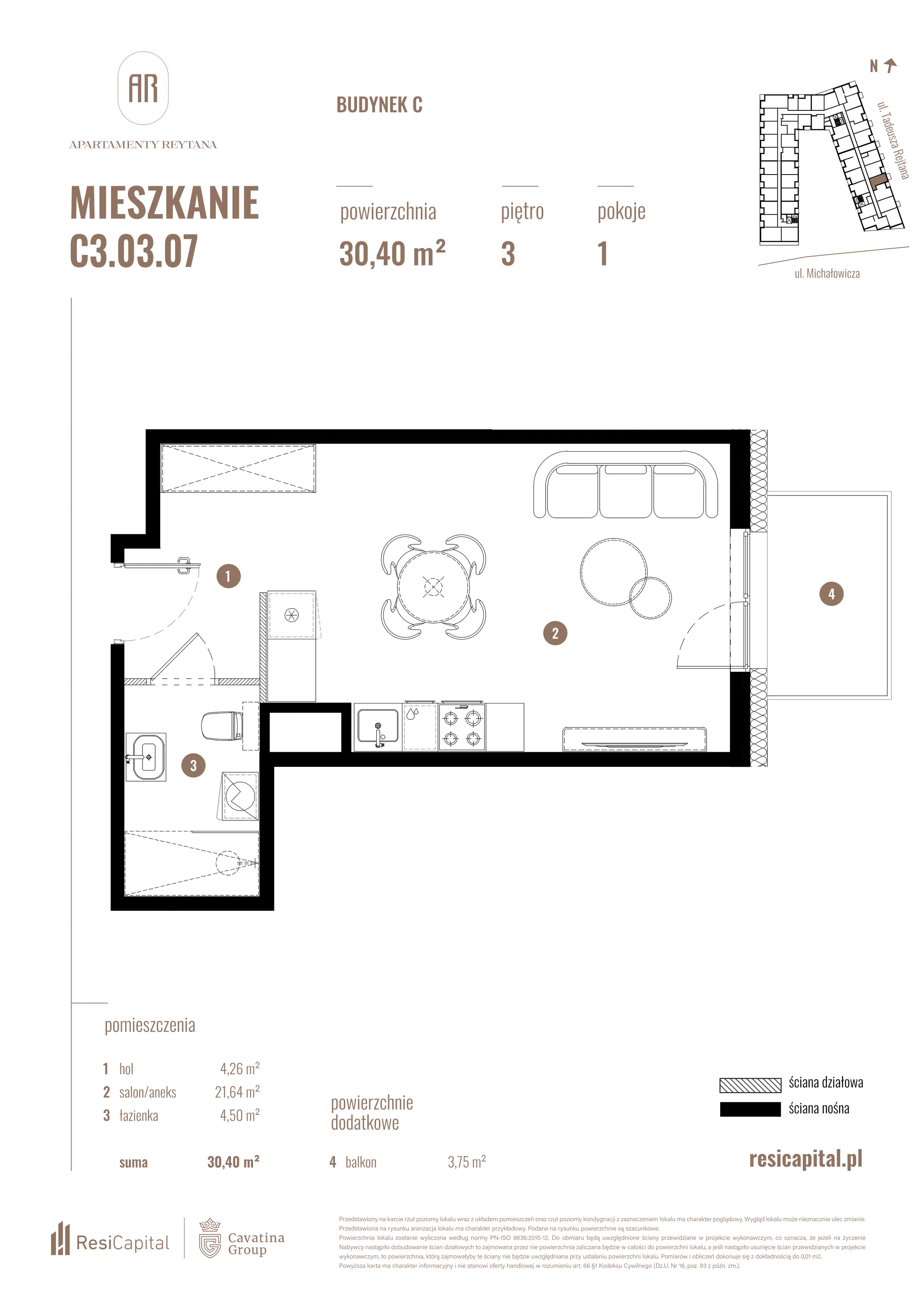 Mieszkanie 30,40 m², piętro 3, oferta nr C3.03.07, Apartamenty Reytana, Bielsko-Biała, ul. Rejtana 3