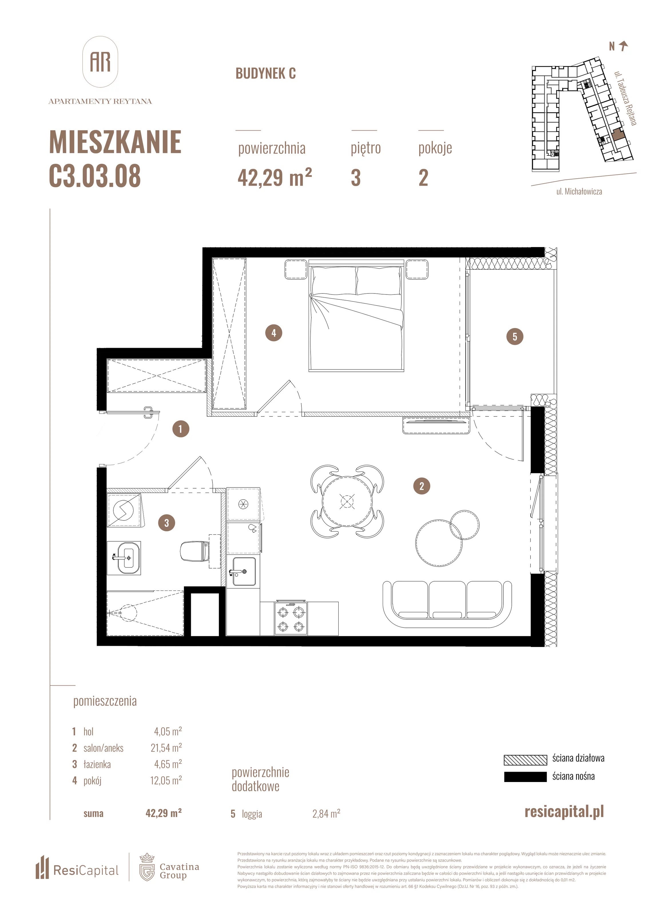2 pokoje, mieszkanie 42,29 m², piętro 3, oferta nr C3.03.08, Apartamenty Reytana, Bielsko-Biała, ul. Rejtana 3