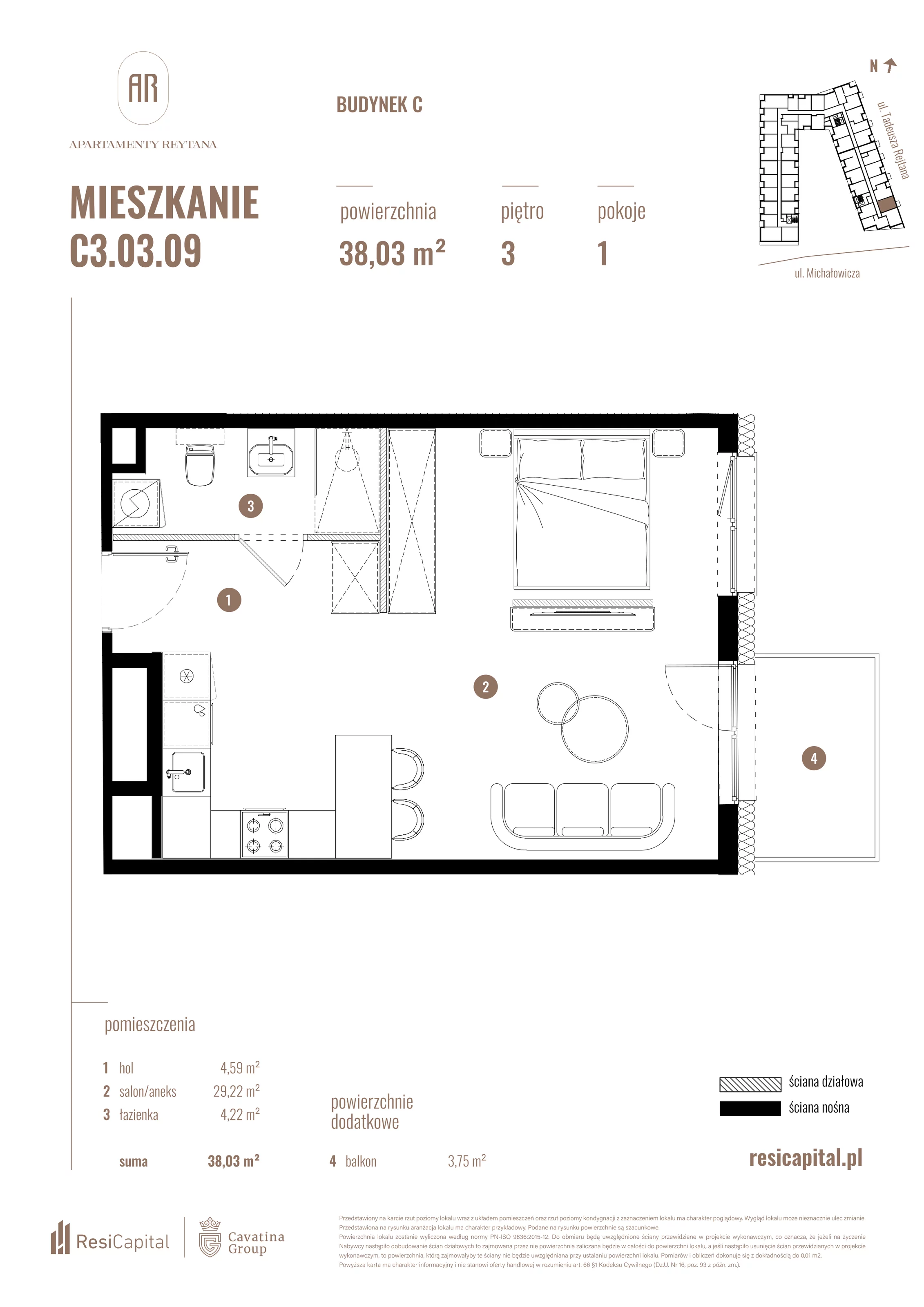 Mieszkanie 38,03 m², piętro 3, oferta nr C3.03.09, Apartamenty Reytana, Bielsko-Biała, ul. Rejtana 3