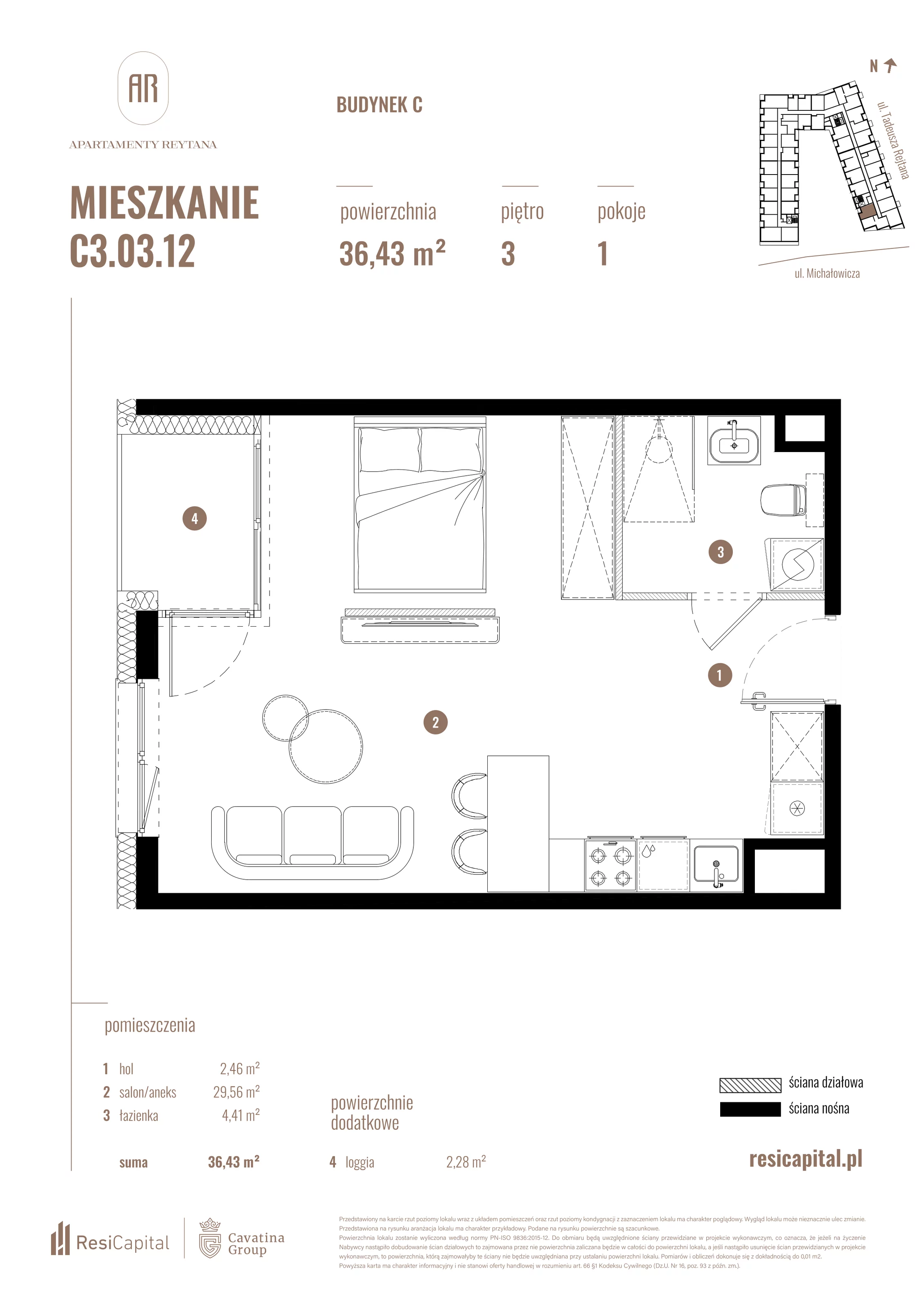 Mieszkanie 36,43 m², piętro 3, oferta nr C3.03.12, Apartamenty Reytana, Bielsko-Biała, ul. Rejtana 3