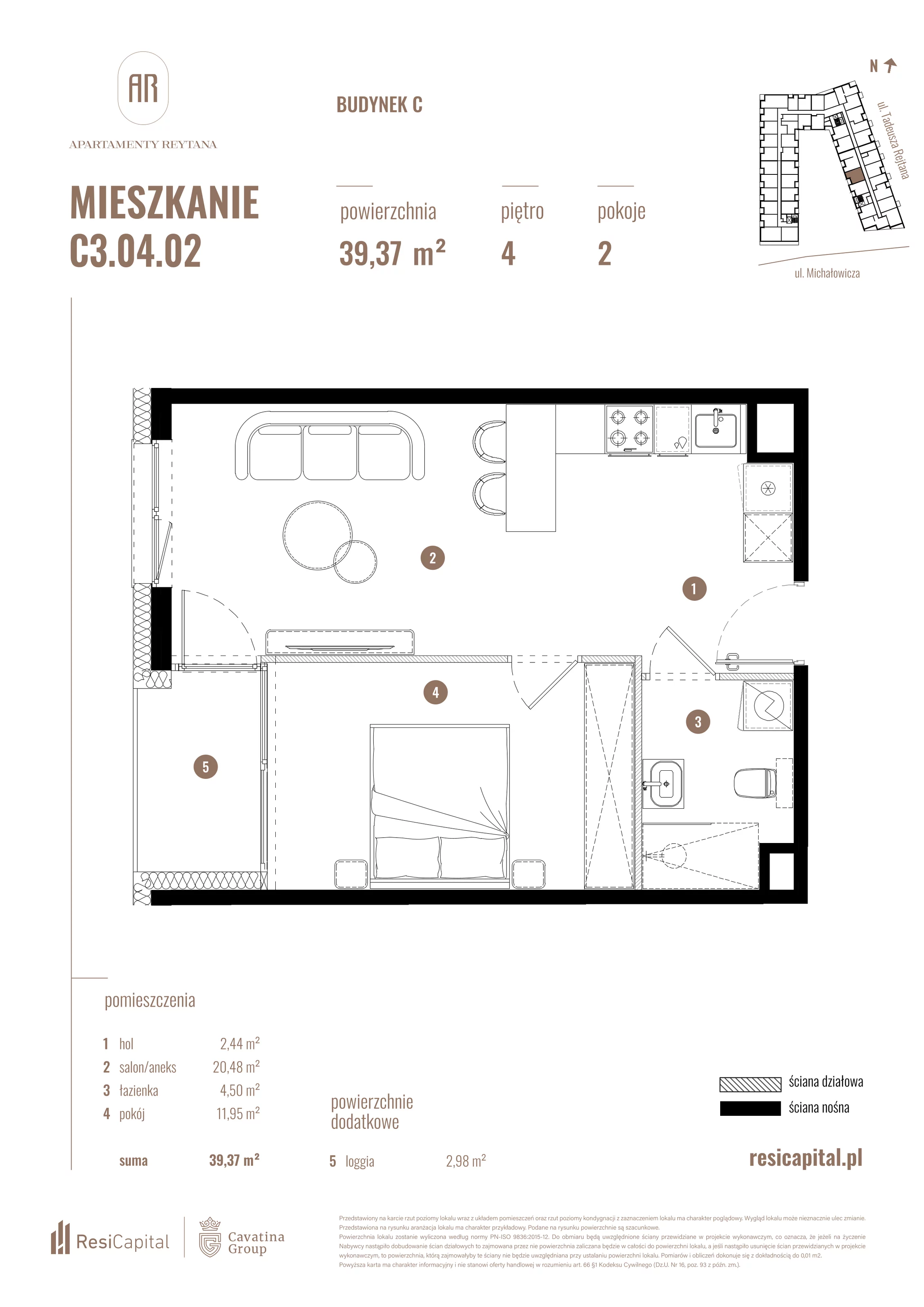 2 pokoje, mieszkanie 39,37 m², piętro 4, oferta nr C3.04.02, Apartamenty Reytana, Bielsko-Biała, ul. Rejtana 3
