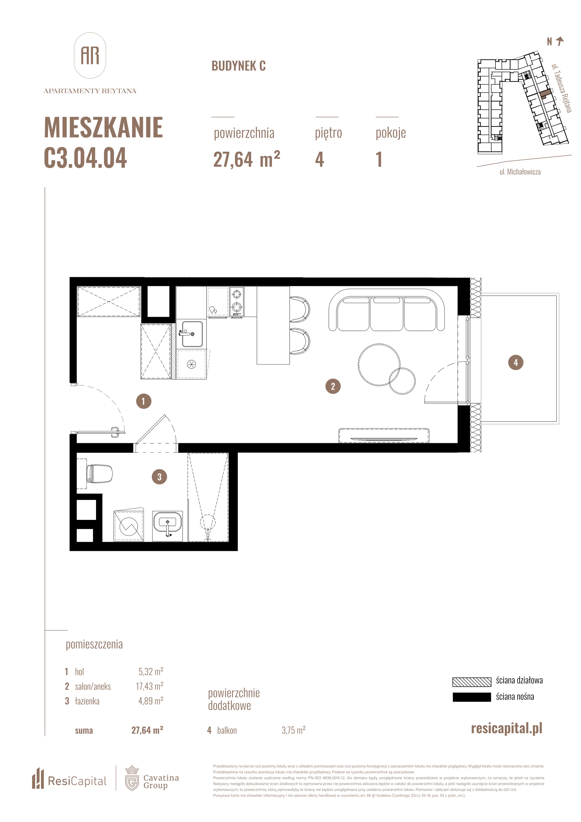 Mieszkanie 27,64 m², piętro 4, oferta nr C3.04.04, Apartamenty Reytana, Bielsko-Biała, ul. Rejtana 3