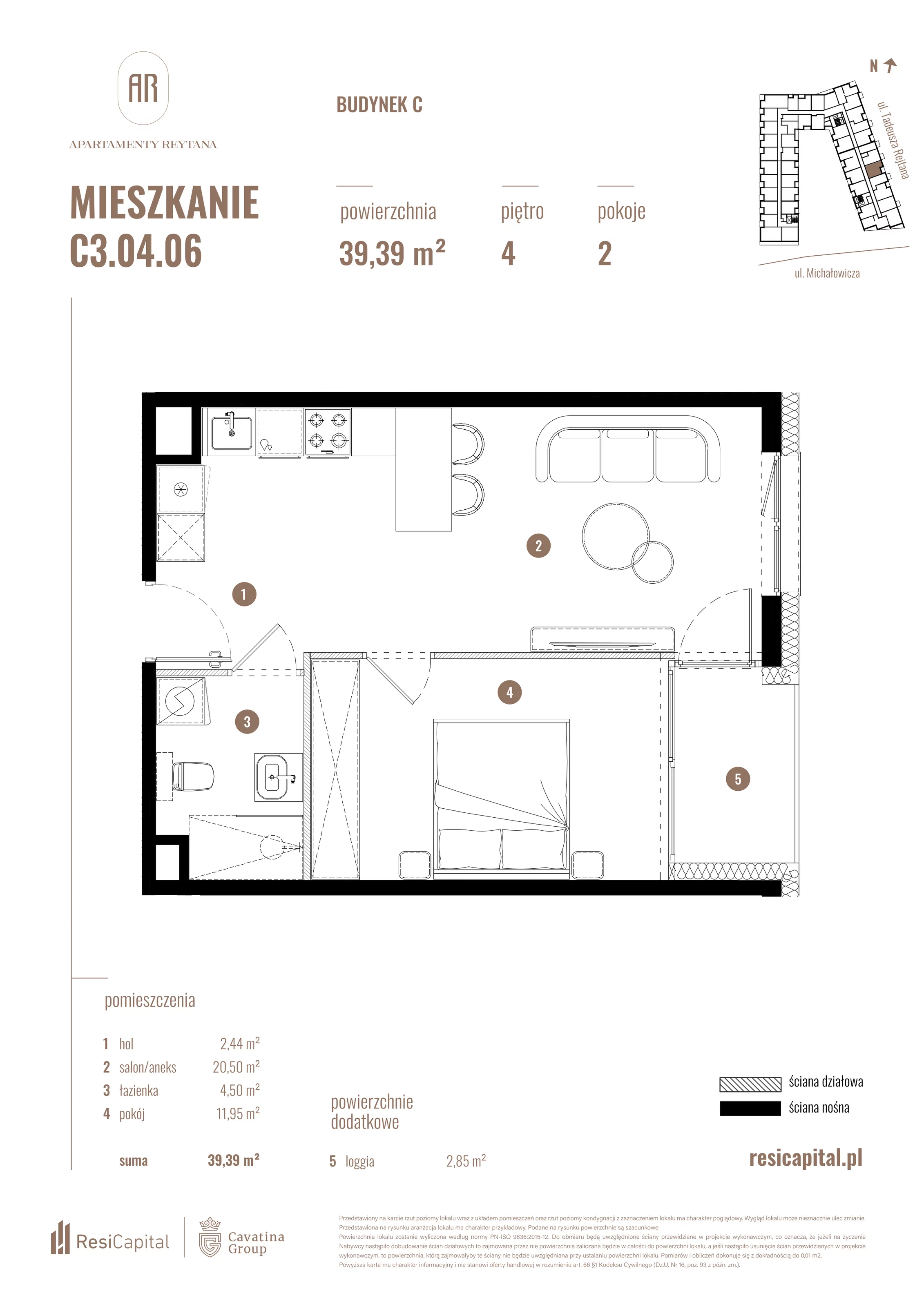 2 pokoje, mieszkanie 39,39 m², piętro 4, oferta nr C3.04.06, Apartamenty Reytana, Bielsko-Biała, ul. Rejtana 3