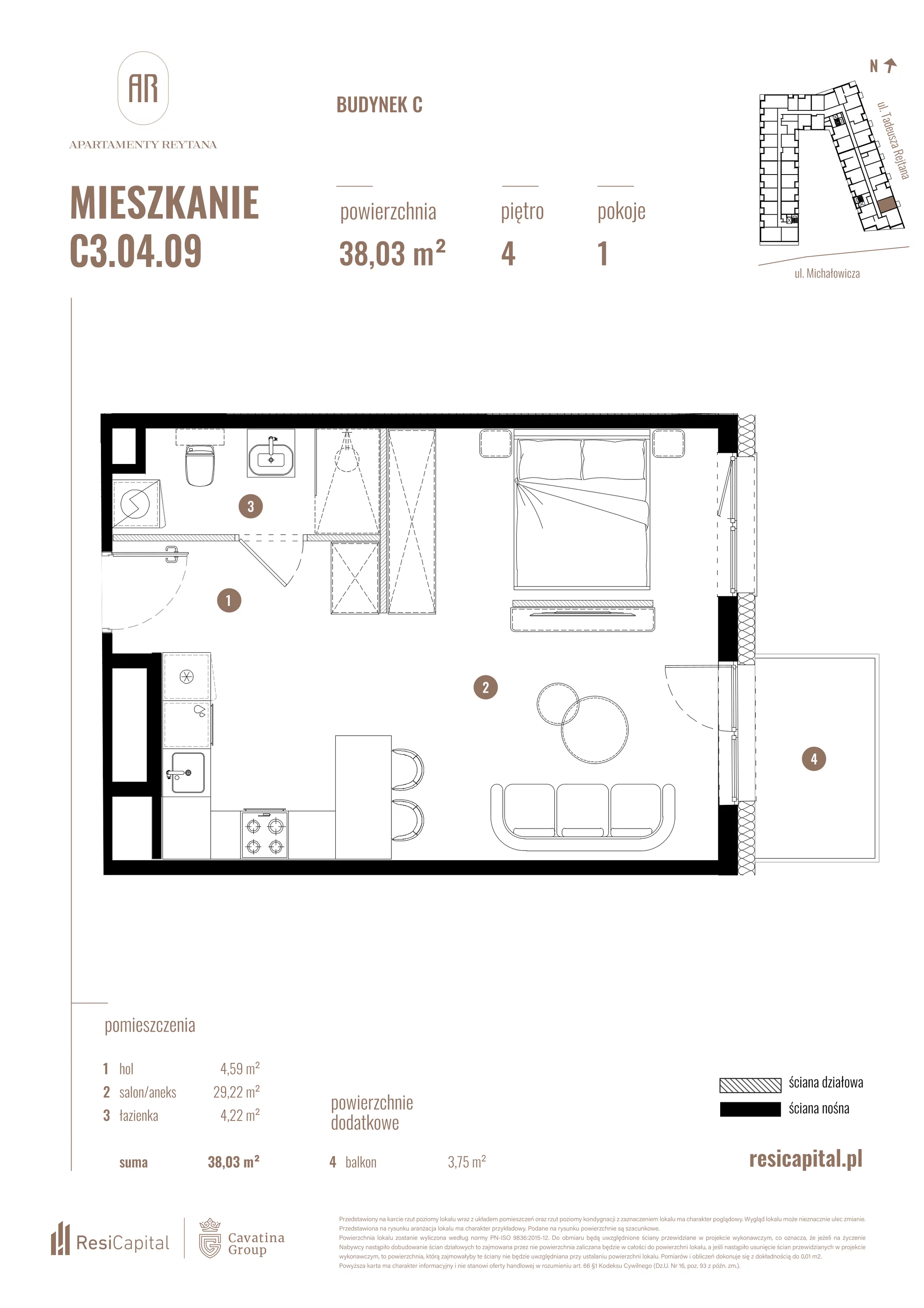 Mieszkanie 38,03 m², piętro 4, oferta nr C3.04.09, Apartamenty Reytana, Bielsko-Biała, ul. Rejtana 3