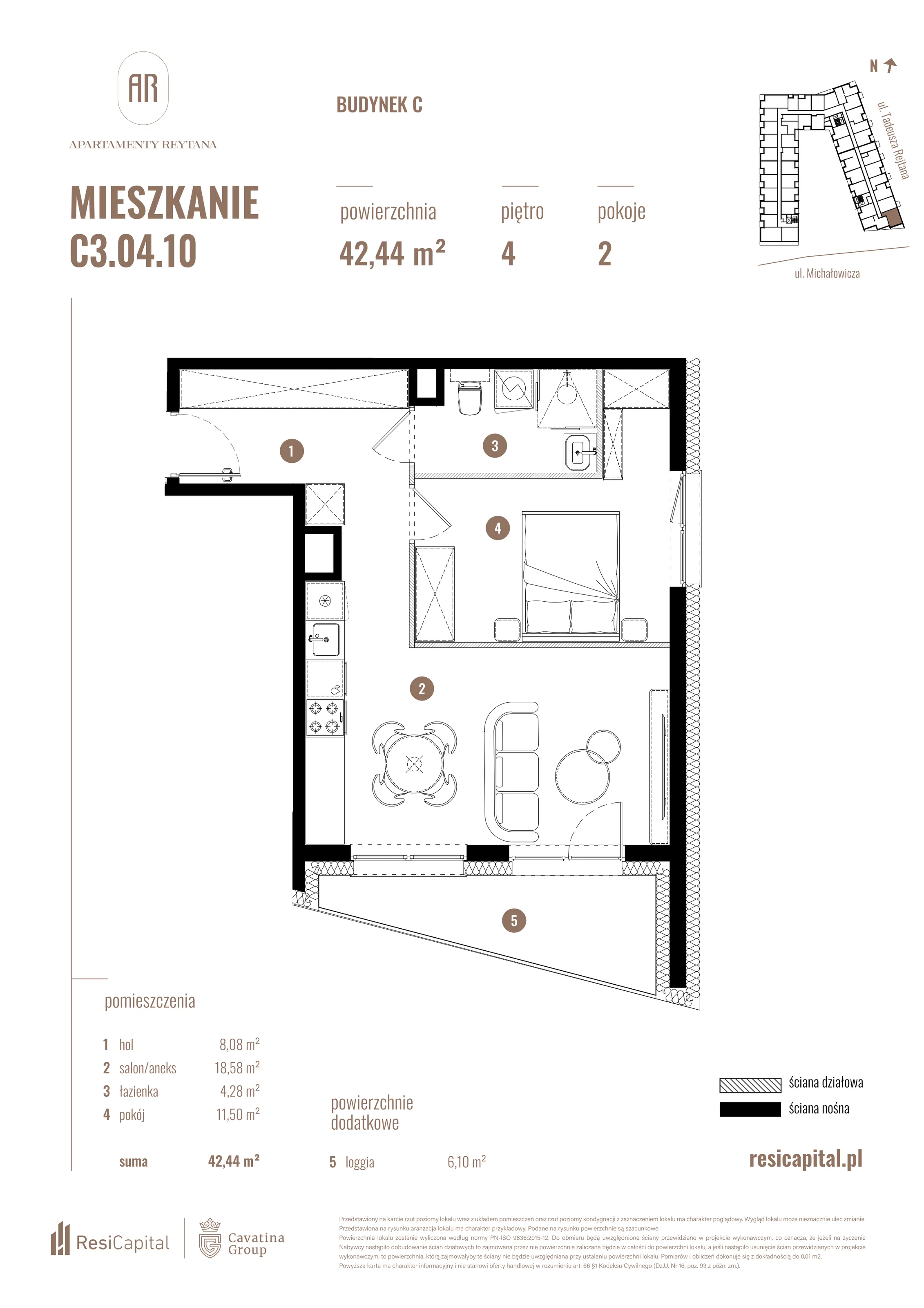 2 pokoje, mieszkanie 42,44 m², piętro 4, oferta nr C3.04.10, Apartamenty Reytana, Bielsko-Biała, ul. Rejtana 3