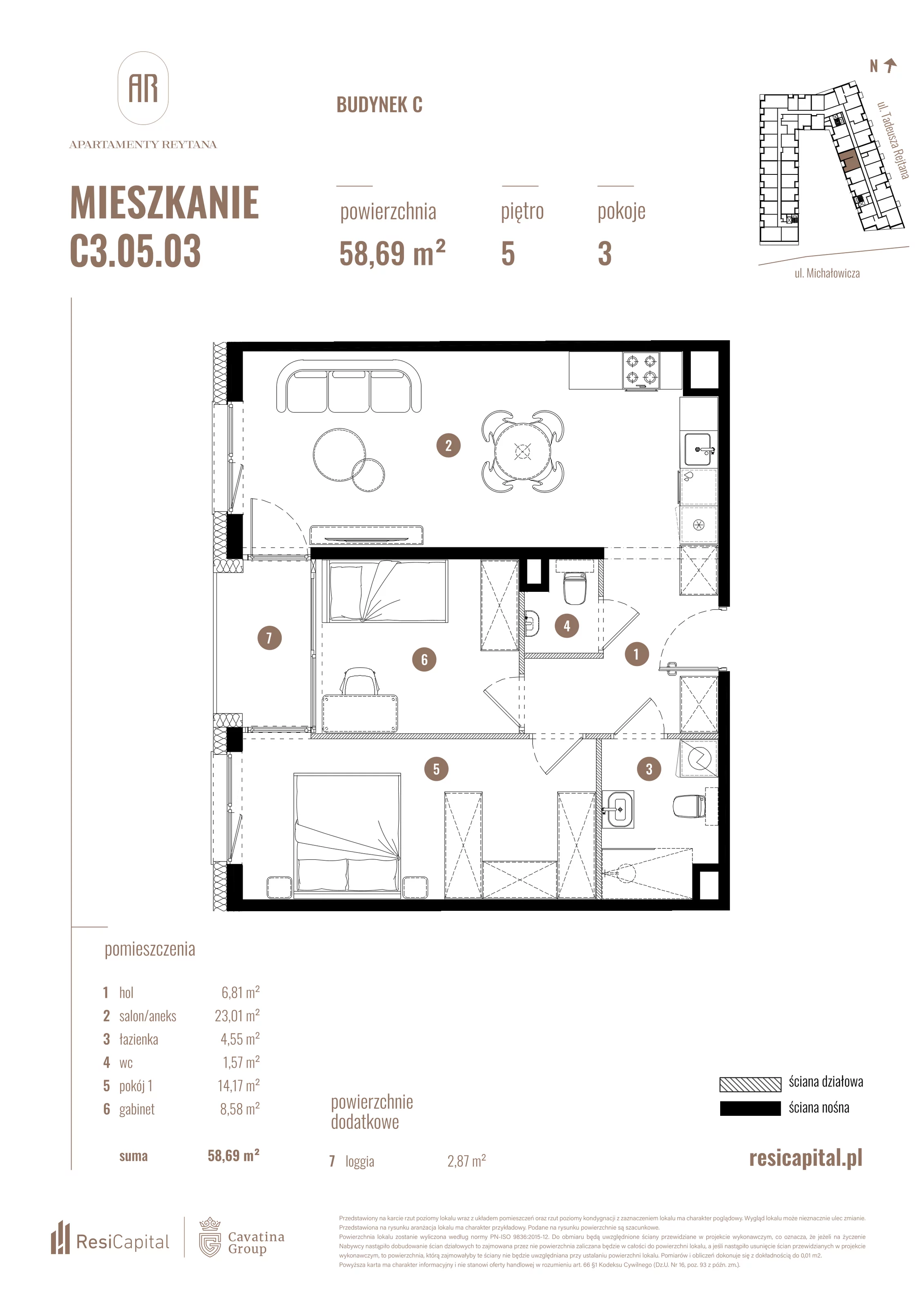 3 pokoje, mieszkanie 58,69 m², piętro 5, oferta nr C3.05.03, Apartamenty Reytana, Bielsko-Biała, ul. Rejtana 3